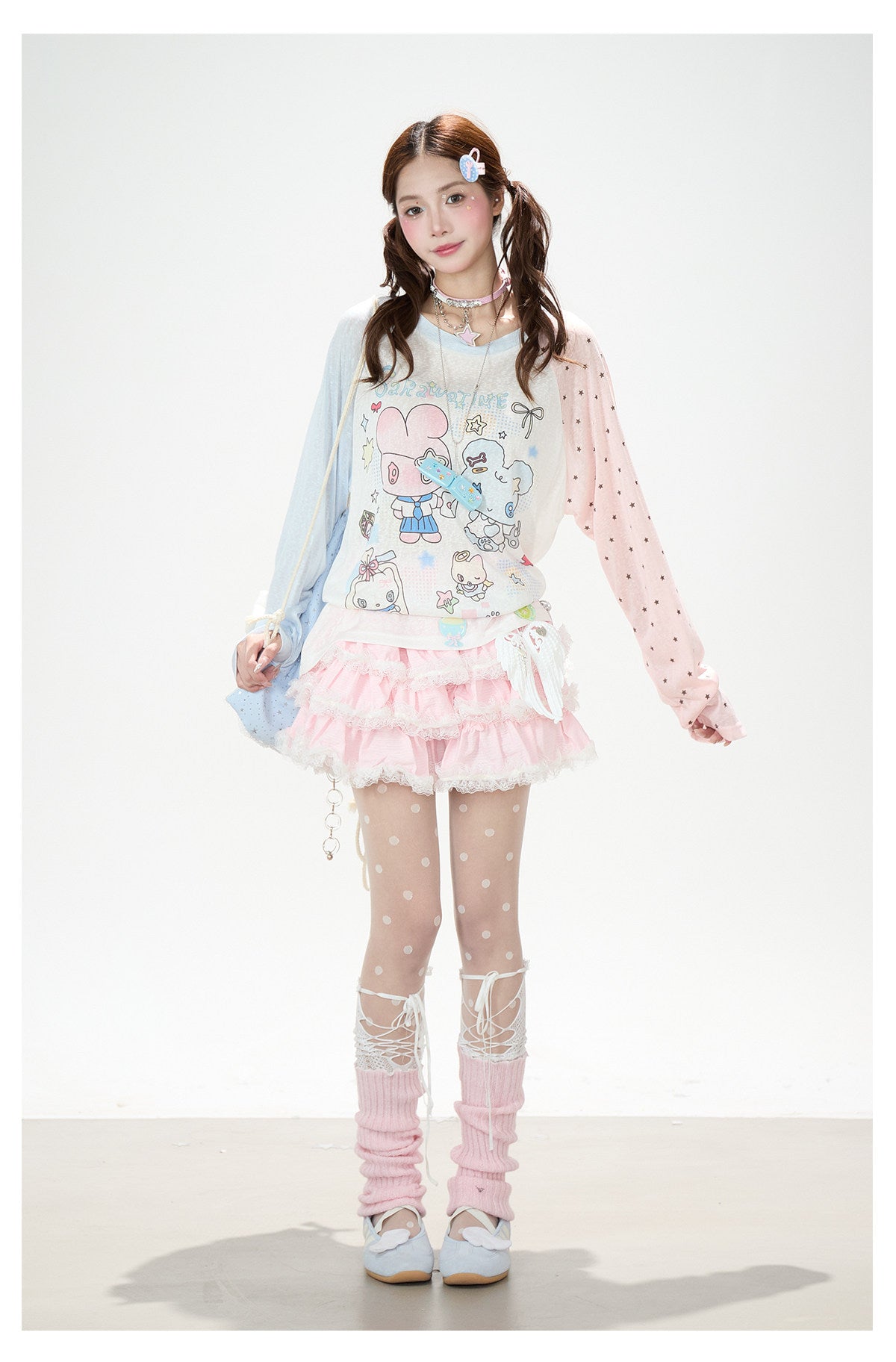 Cartoon Star Sheer Long Sleeve Top & Black Music Lace Gingham Mini Skirt