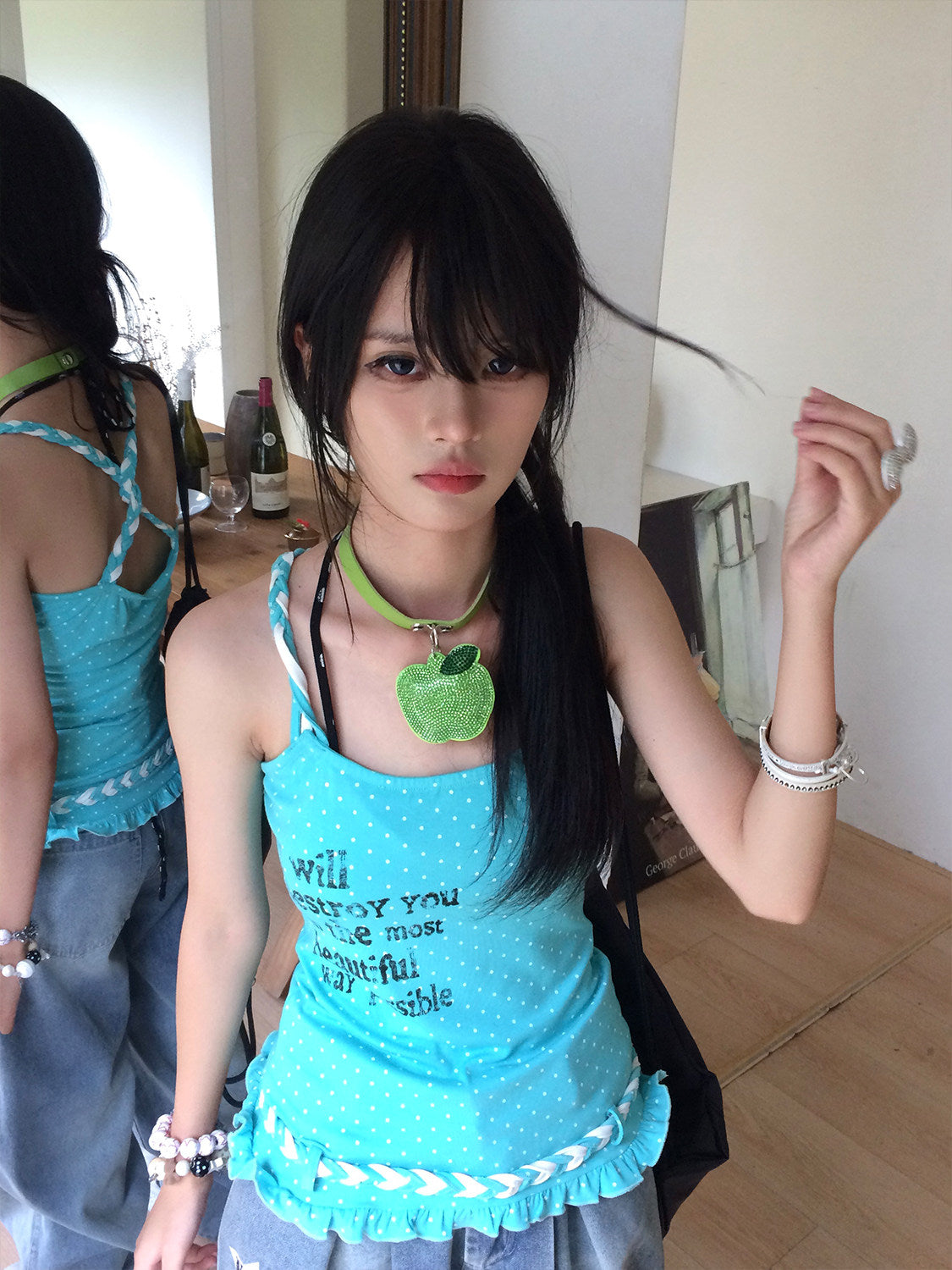 Aqua Polka Dot Braided Ruffle Tank Top