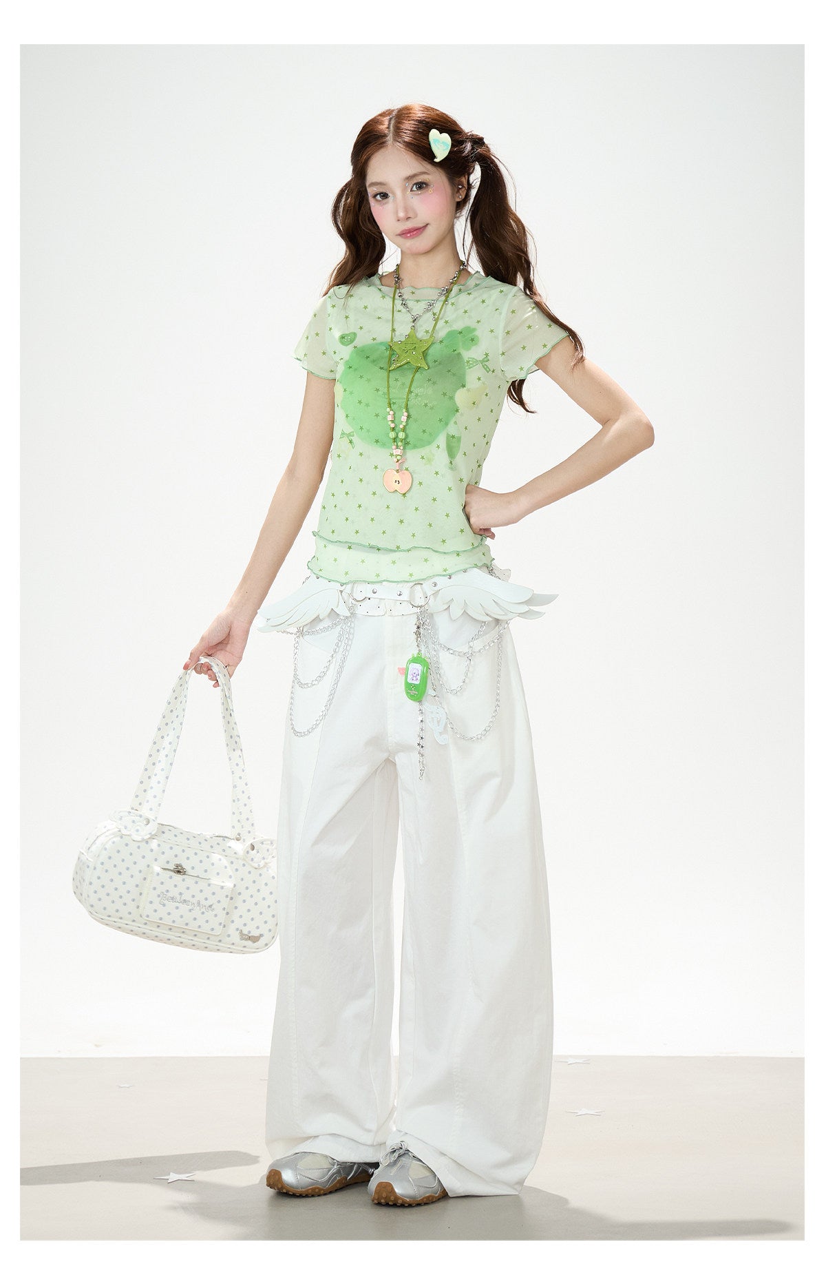 Star Mesh Baby Tee & White Wide-Leg Pants