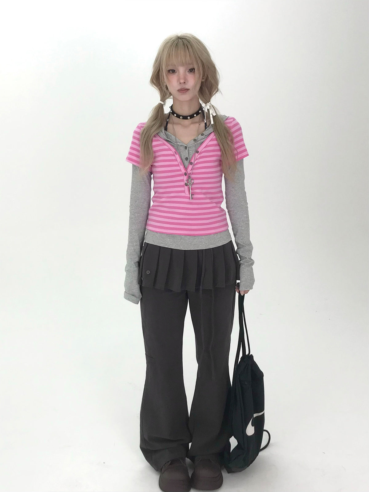 Striped Faux-Layered Hooded Long Sleeve Top