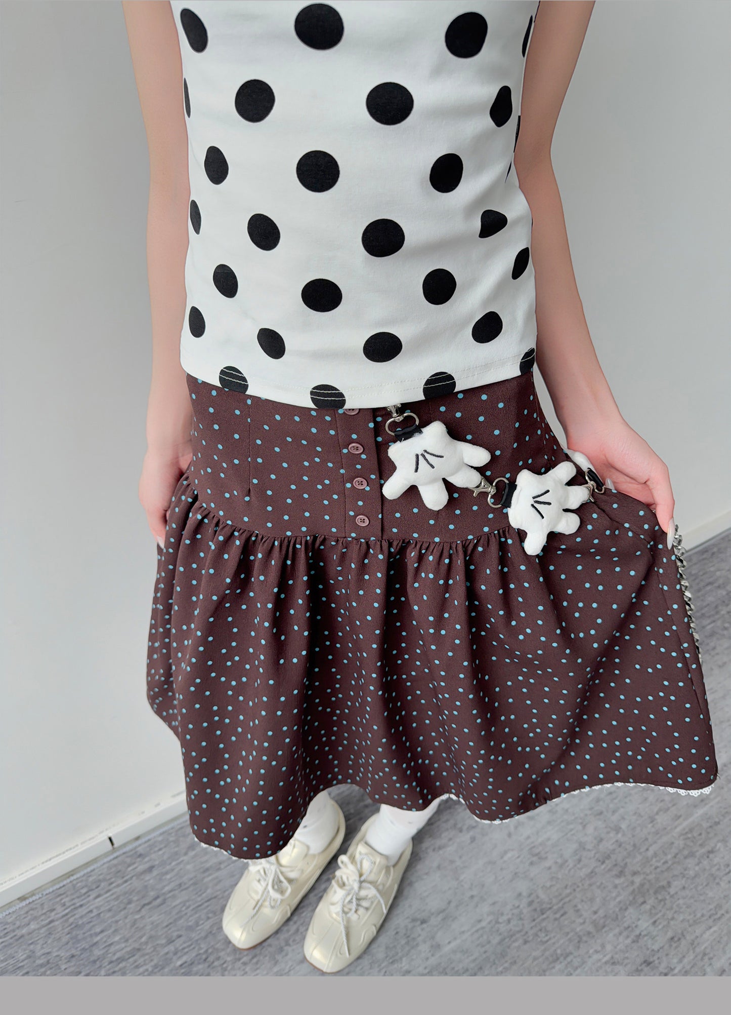 Polka Dot Button Tiered Midi Skirt