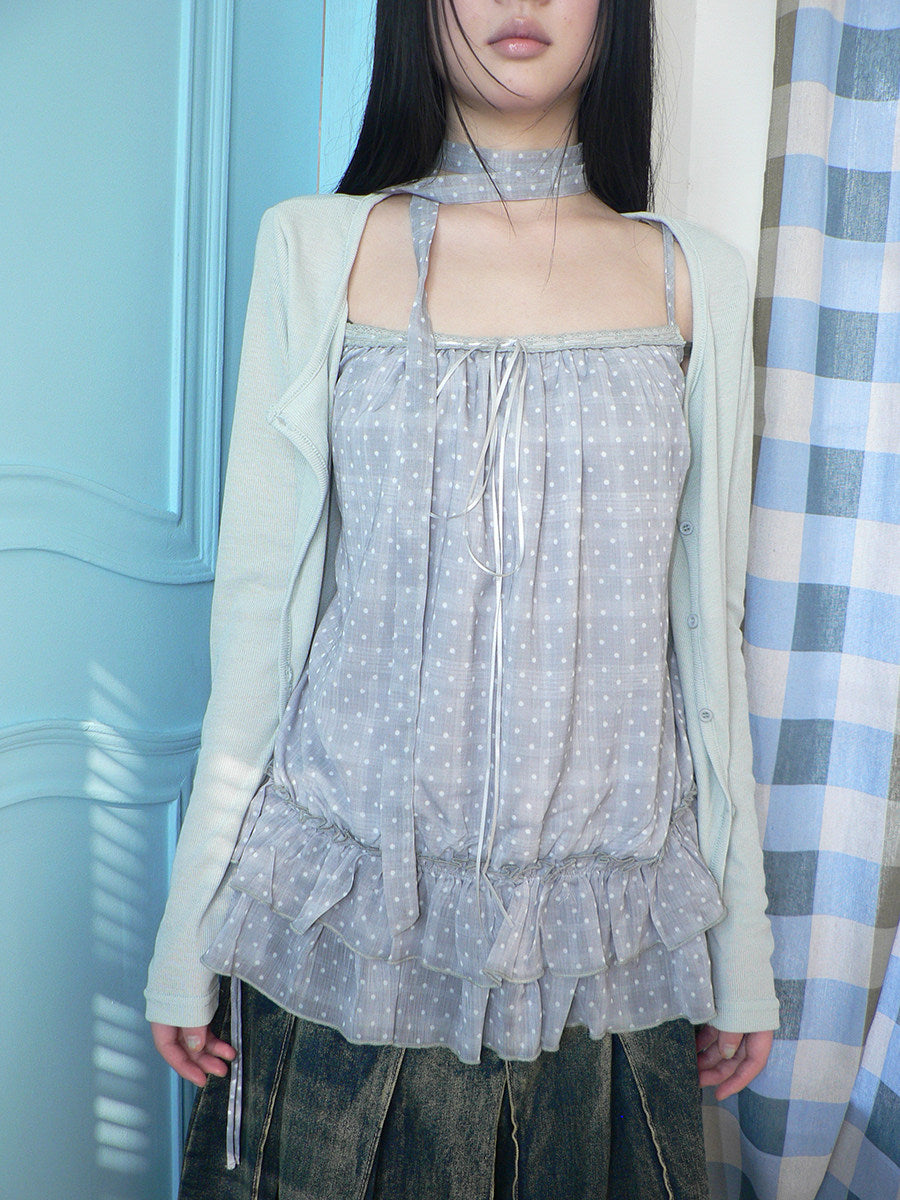 Polka Dot Ruffle Camisole & Cardigan Set with Scarf
