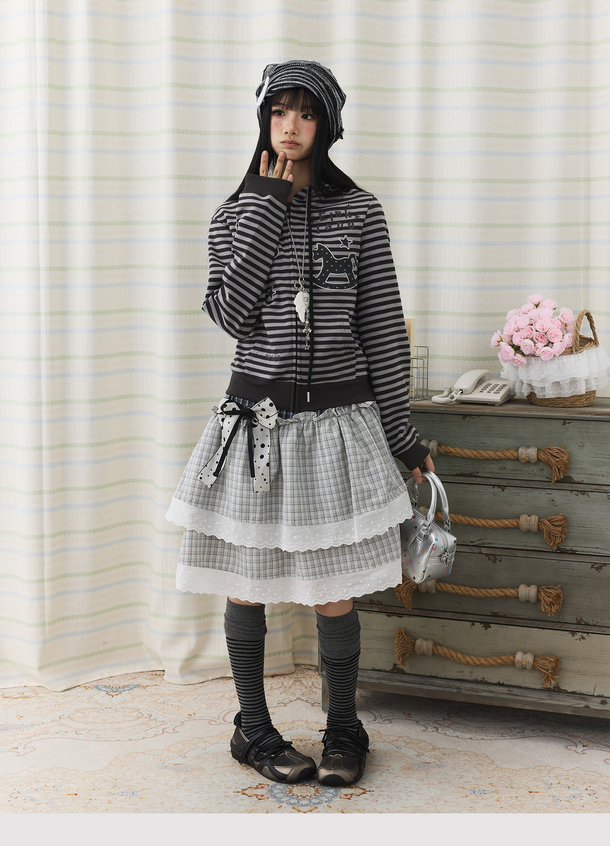 Striped Rocking Horse Embroidered Zip-Up Hoodie