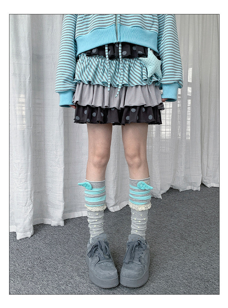 Polka Dot Stripe Tiered Mini Skirt