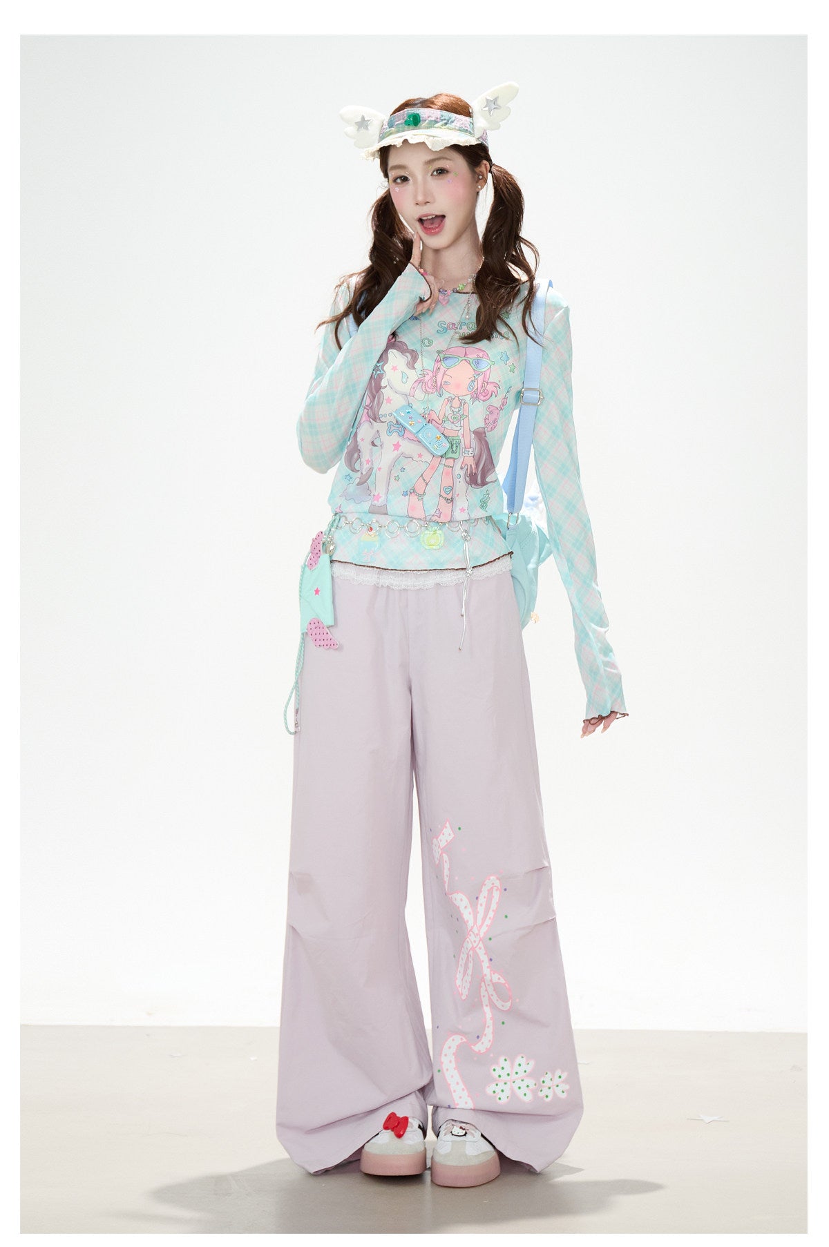 Pastel Anime Plaid Long Sleeve Top & Camo Lace-Trim Midi Skirt