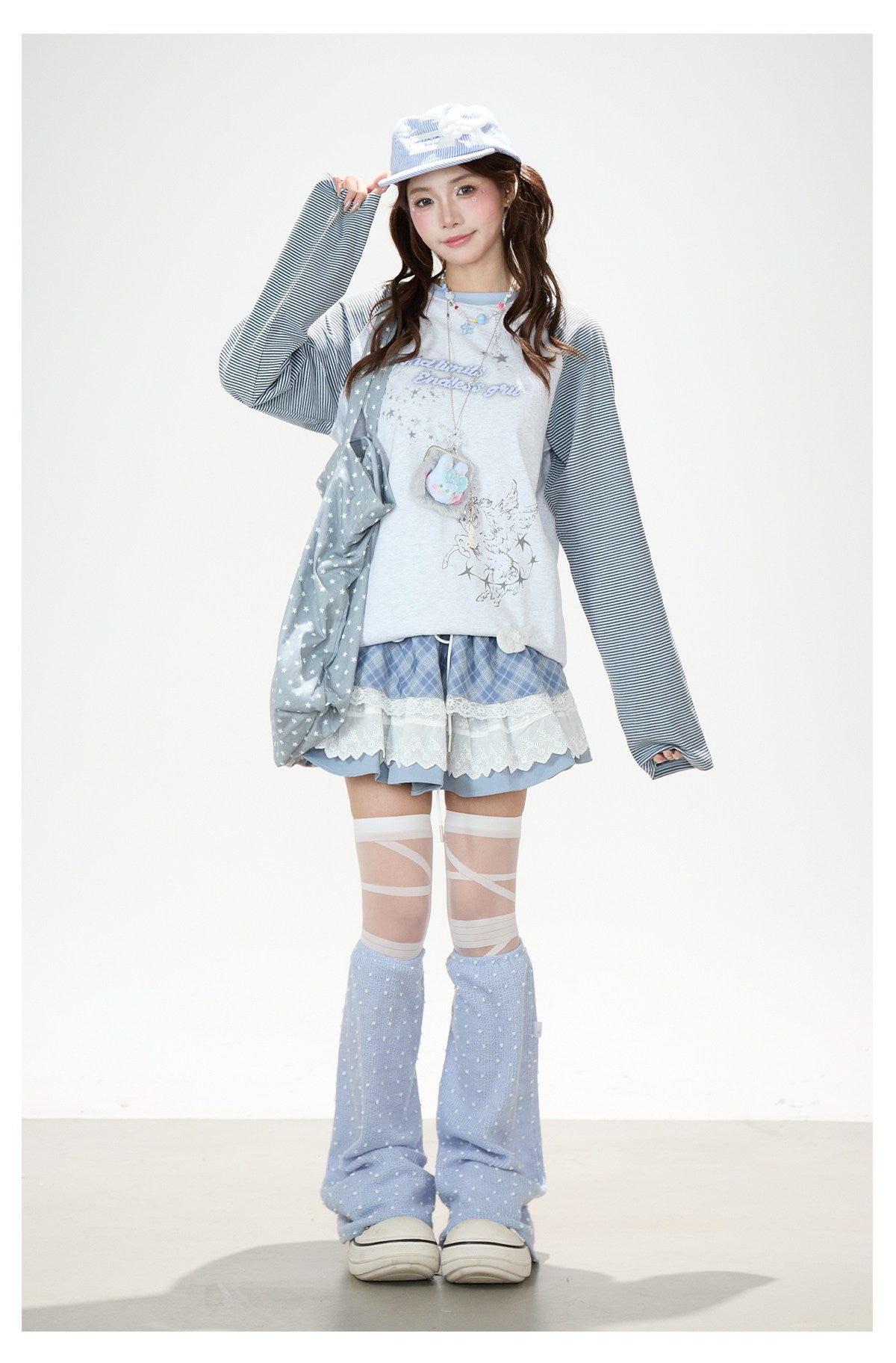 Striped Raglan Angel Graphic Long Sleeve Tee & Blue Plaid Lace Ruffle Skirt