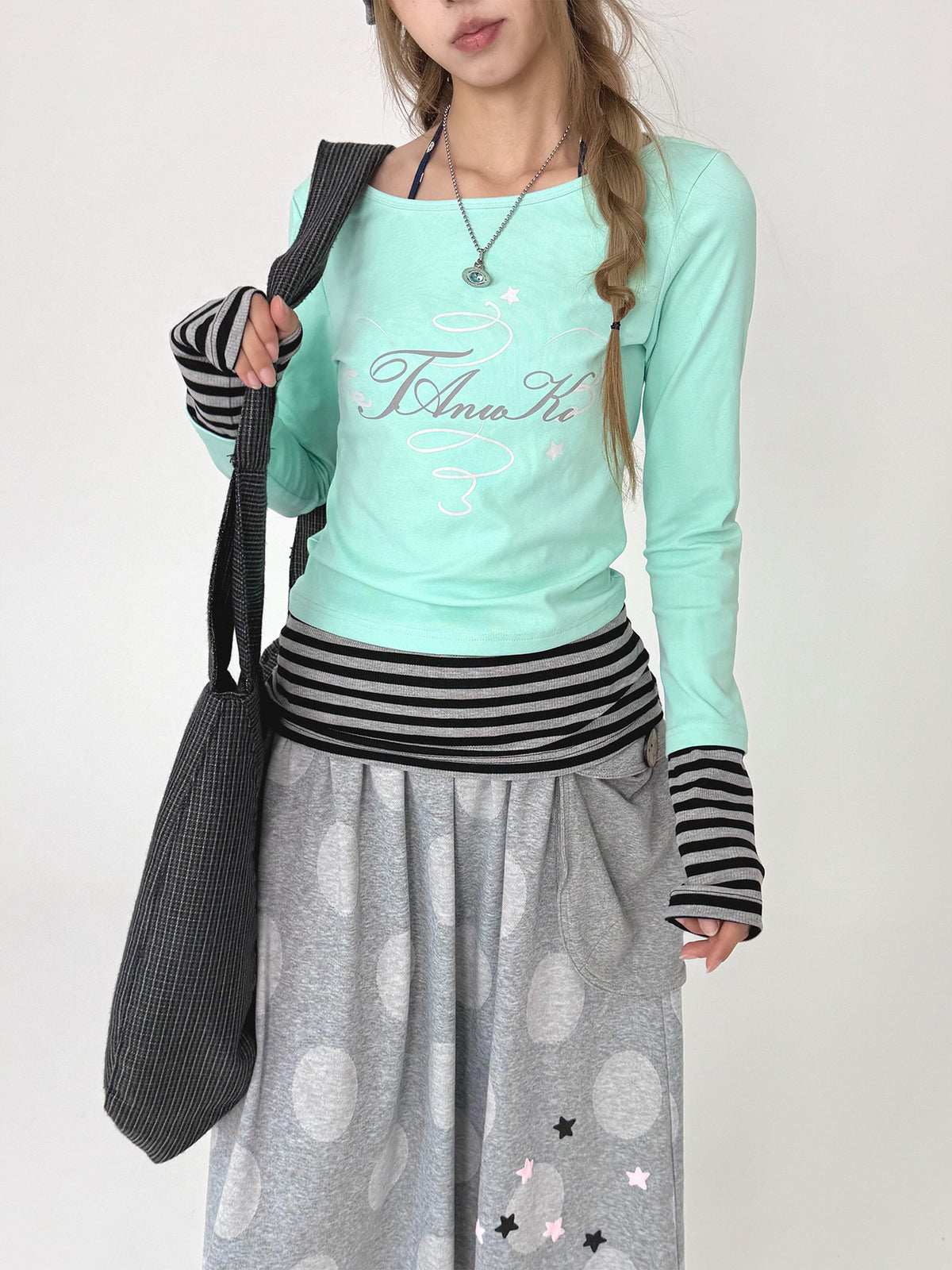 Mint Star Script Faux-Layered Long Sleeve Top