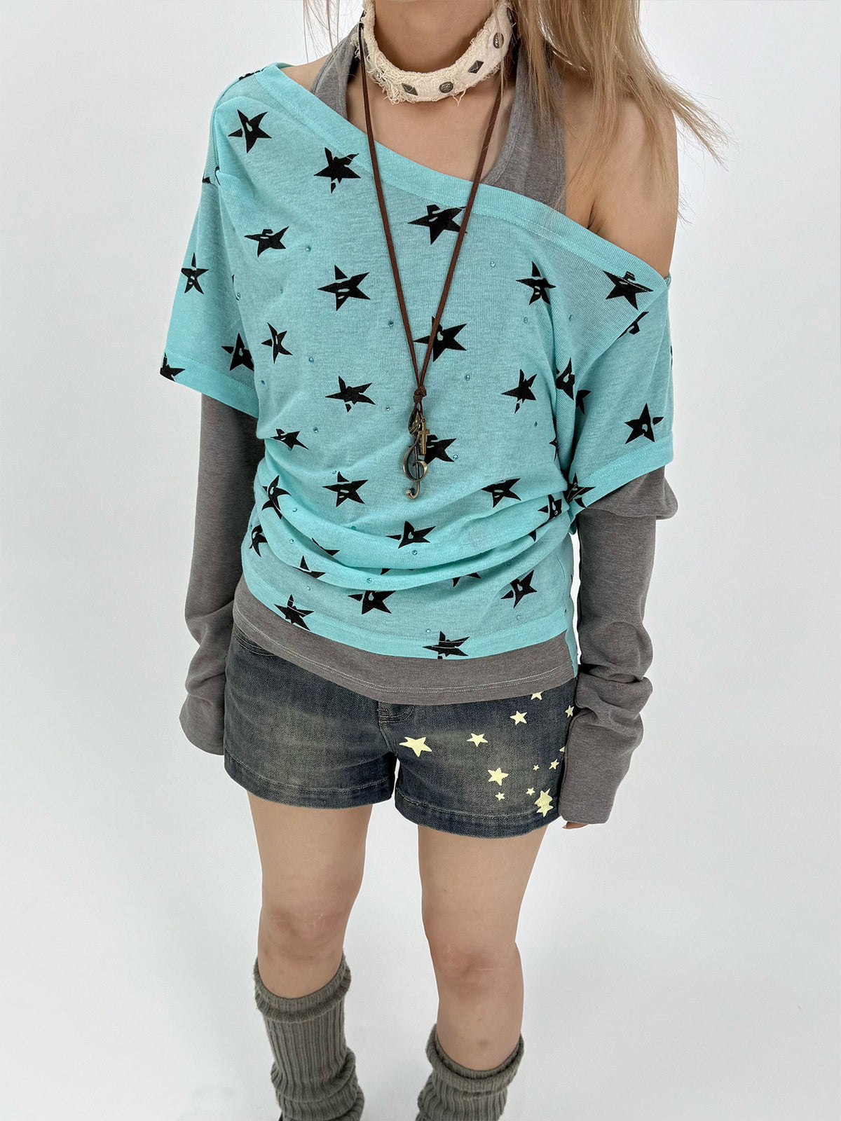 Star Print Faux-Layered Off-Shoulder Long Sleeve Top