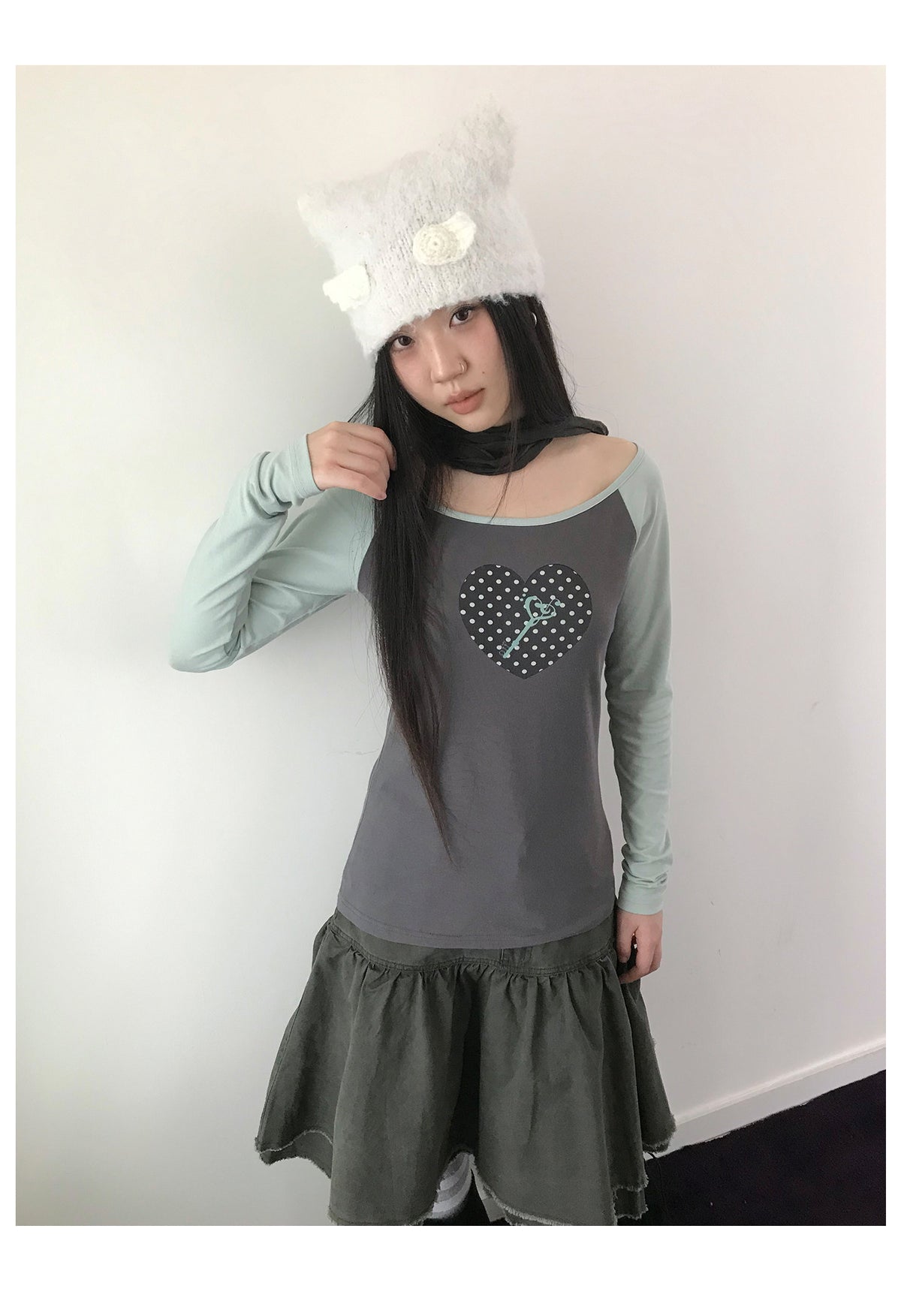 Polka Dot Heart Key Contrast Raglan Long Sleeve Tee