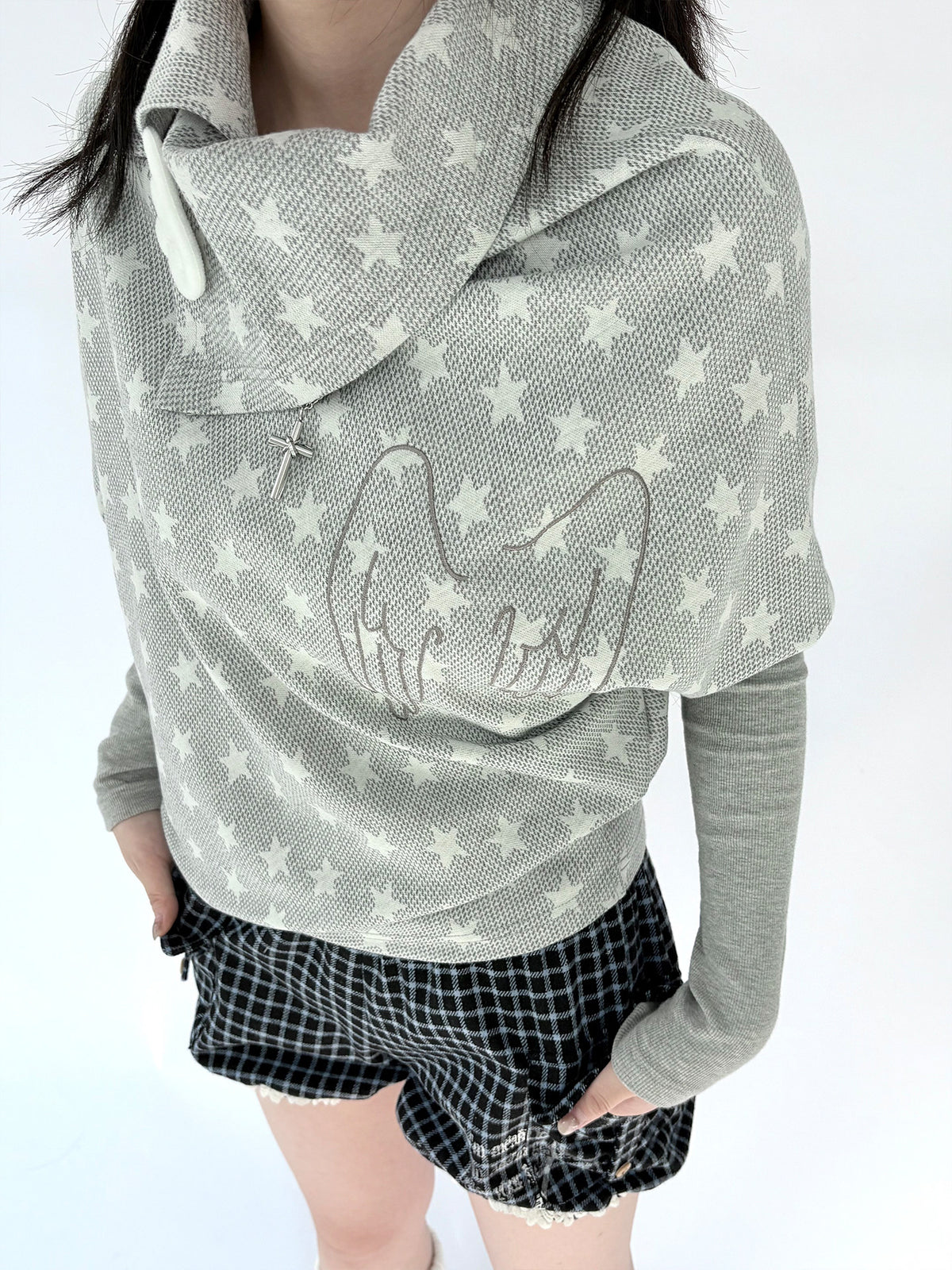 Asymmetric Star Drape Faux-Layer Long Sleeve Top