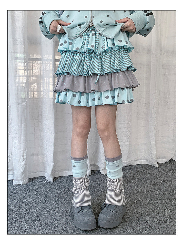 Polka Dot Stripe Tiered Ruffle Mini Skirt