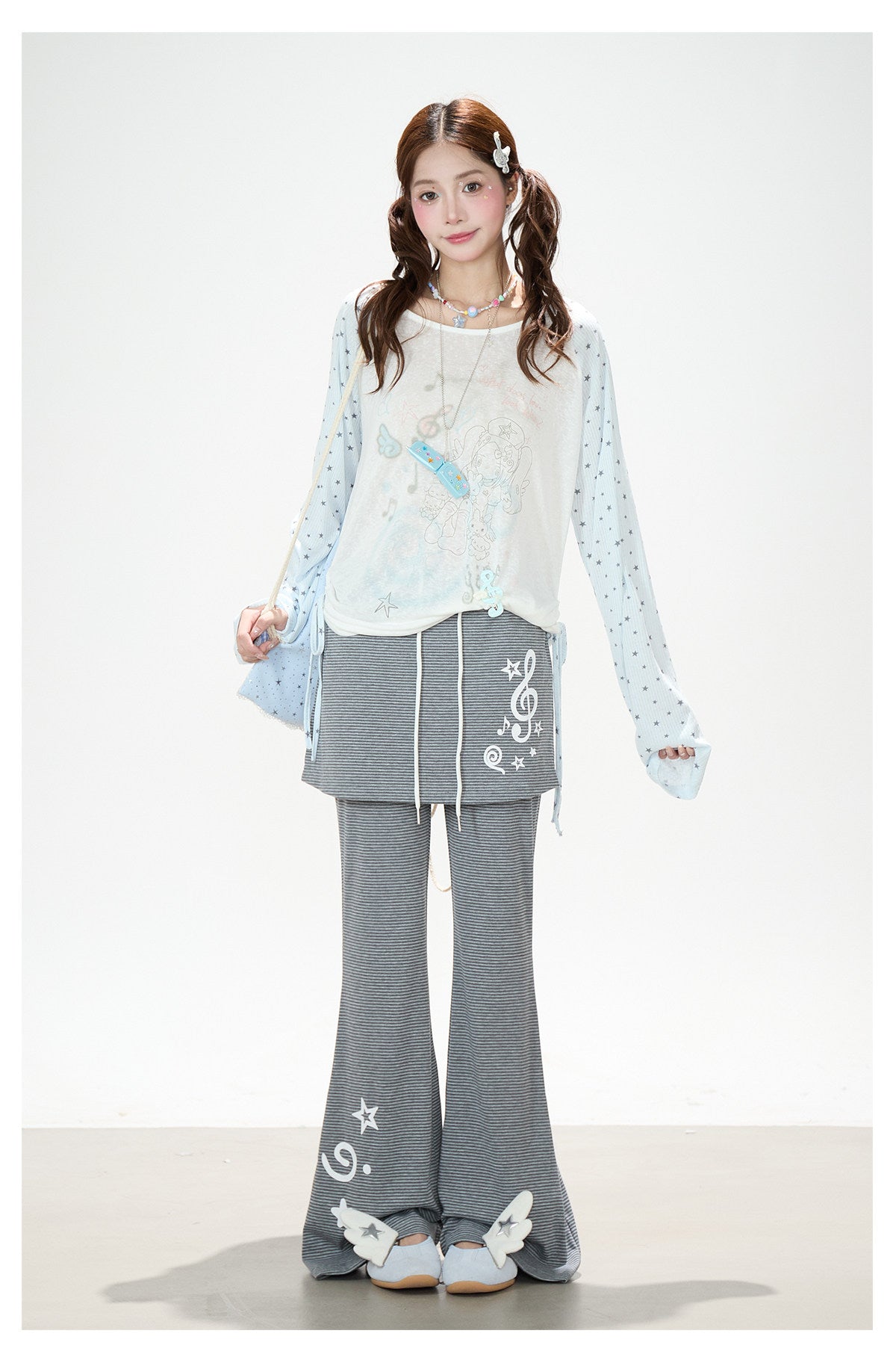 Dreamy Star Raglan Long Sleeve Top & Gray Striped Star Flare Pants