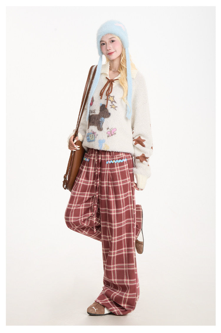 Puppy Graphic Bow-Collar Oversized Knit Sweater