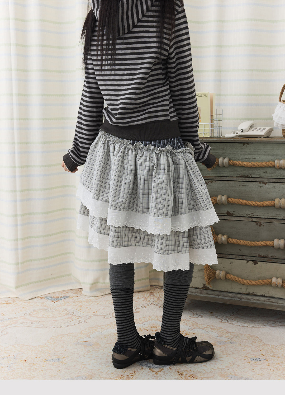 Asymmetric Plaid Lace Tiered Midi Skirt
