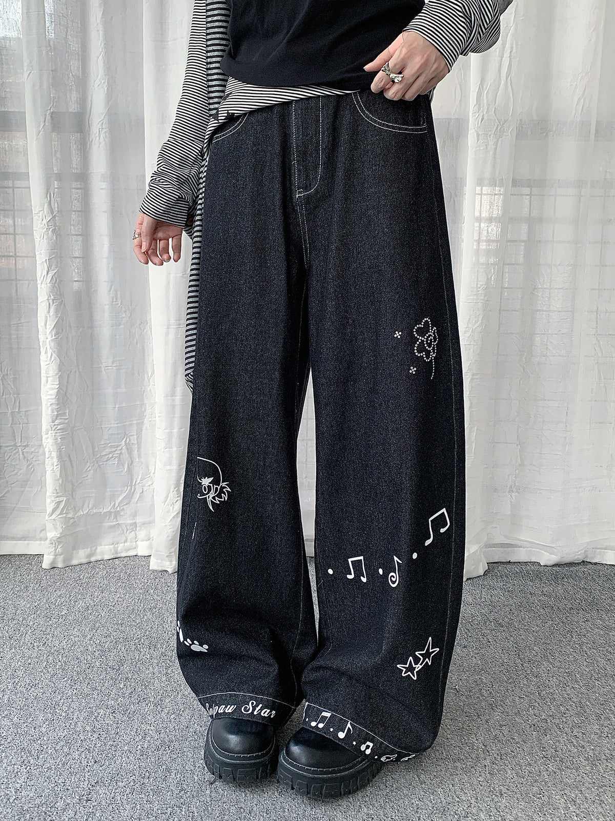 Star Music Note Wide-Leg Denim Jeans