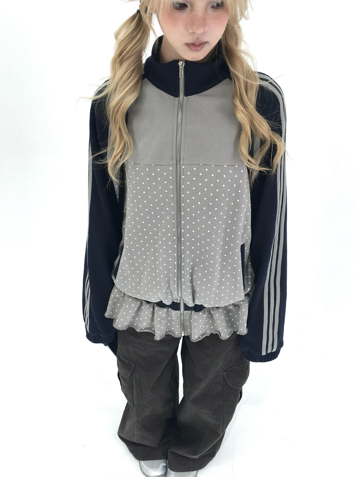 Gray Polka Dot Triple-Stripe Ruffle Zip Jacket