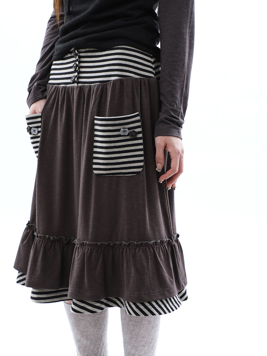 Striped Pocket Ruffle Layered Midi Skirt