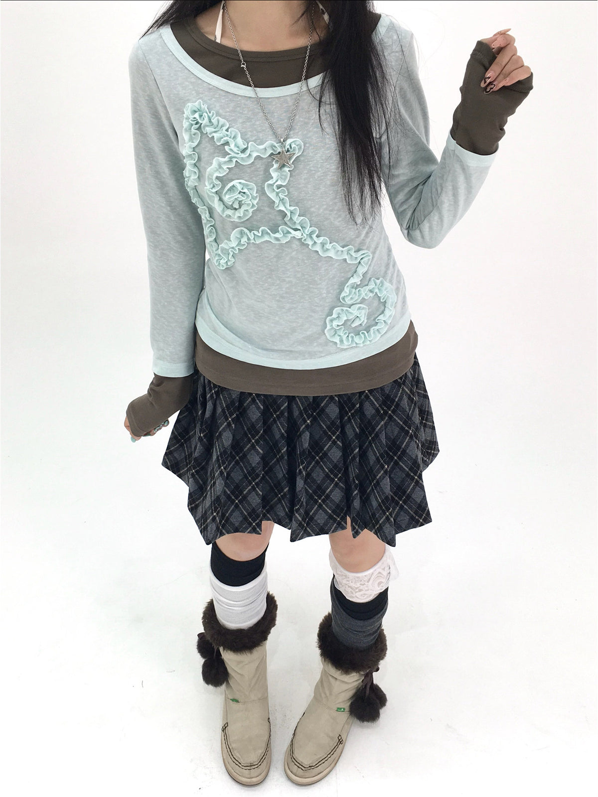 Mist Aqua Ruffle Star Faux-Layer Long Sleeve Top