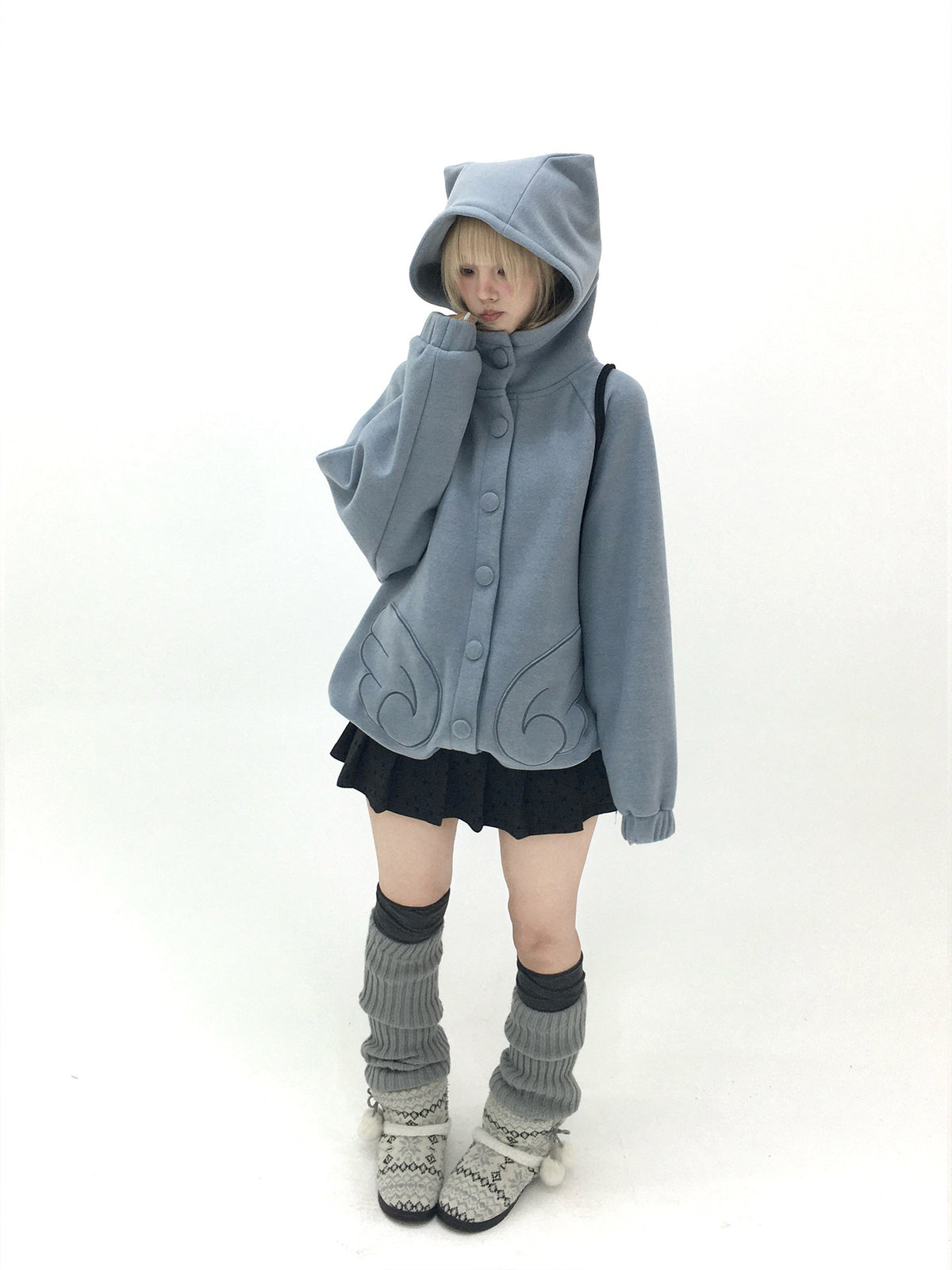 Dusty Blue & Ivory Fleece-Lined Cat Ear Wing Pocket Hooded Jacket