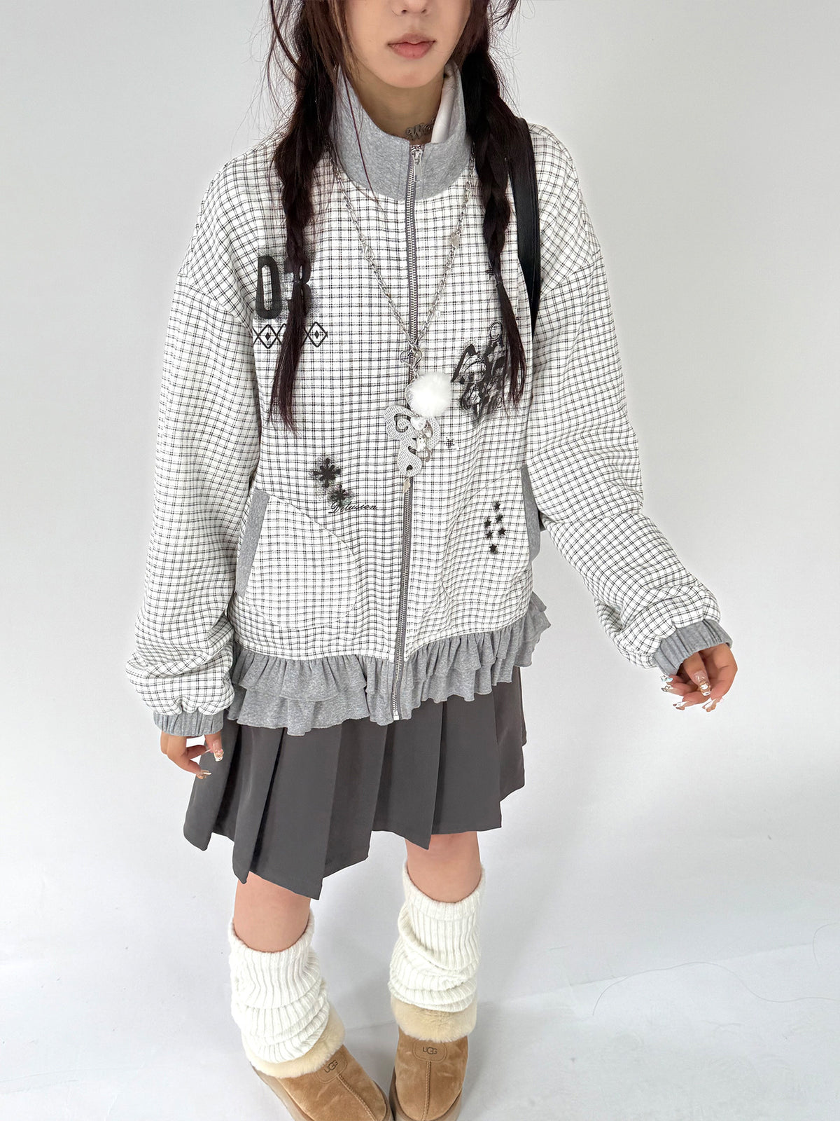 Sugar Check Graphic Ruffle-Hem Zip-Up Jacket