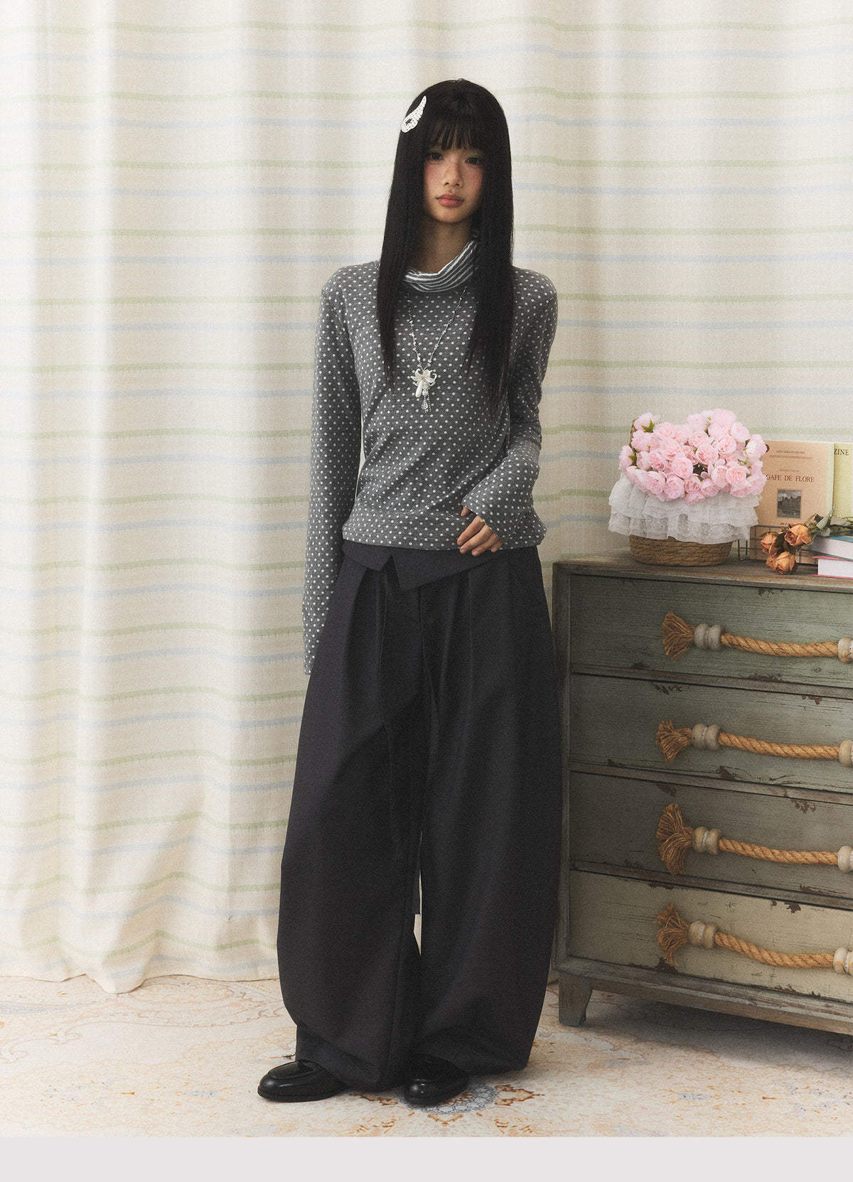 Foldover Tie Wide-Leg Trousers
