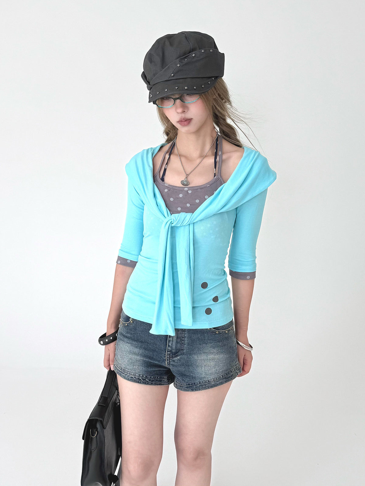 Aqua Tie-Front Faux Layered Henley Top
