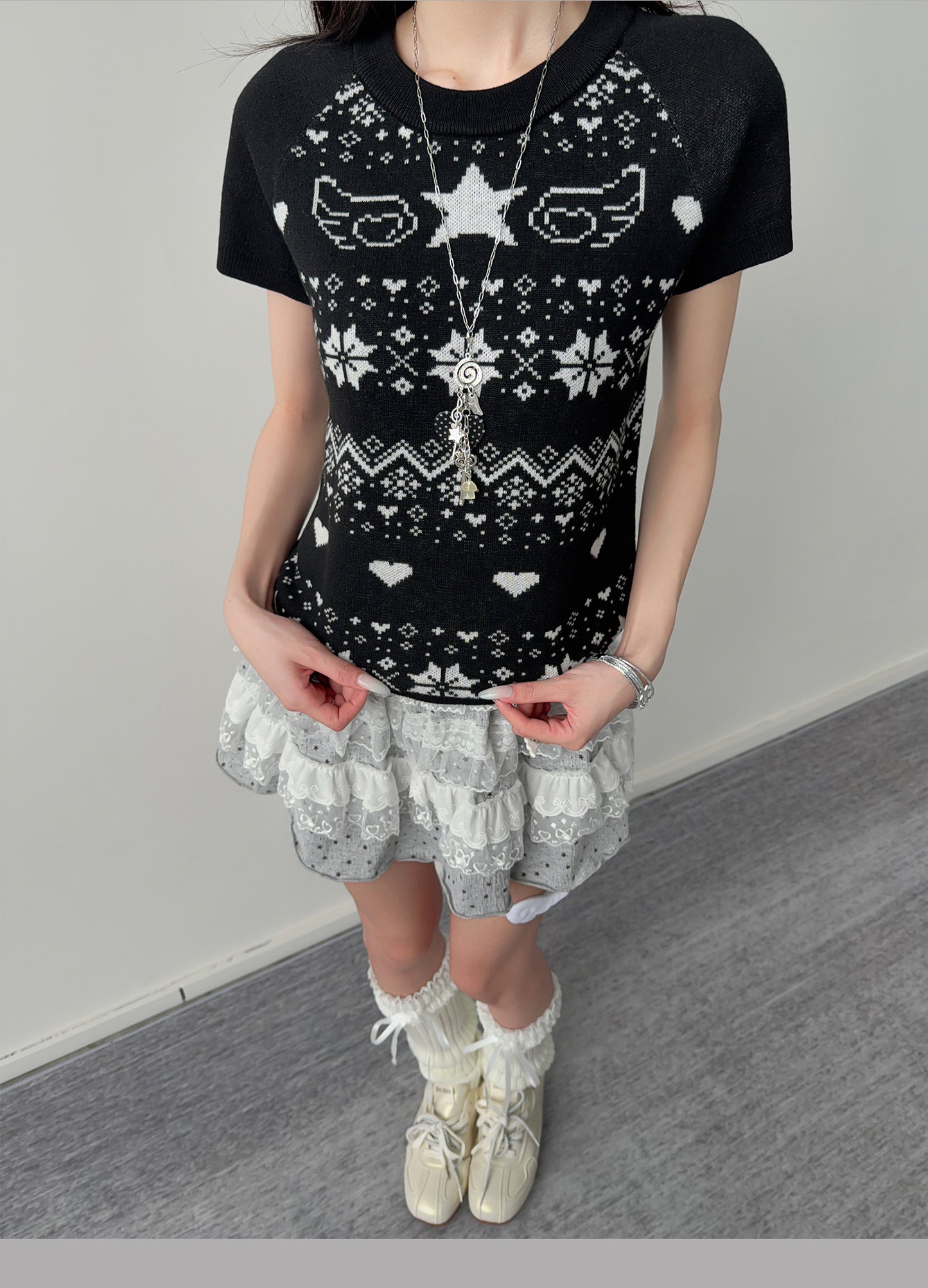 Star Wing Fair Isle Short-Sleeve Knit Top