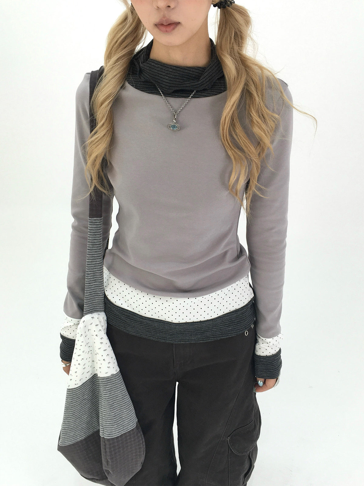 Mist Gray Polka Dot & Stripe Faux-Layer Long Sleeve Top