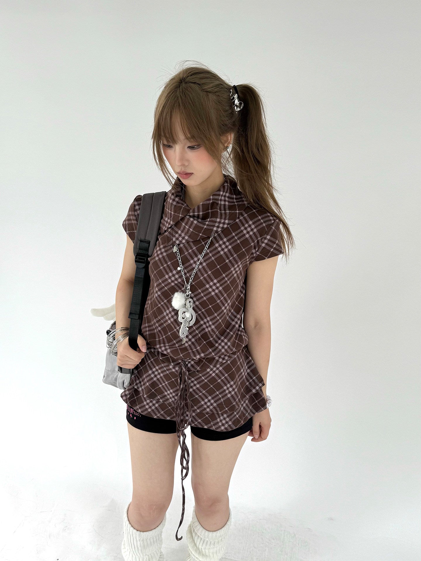 Brown Plaid Drawstring Ruffle-Collar Tunic Top