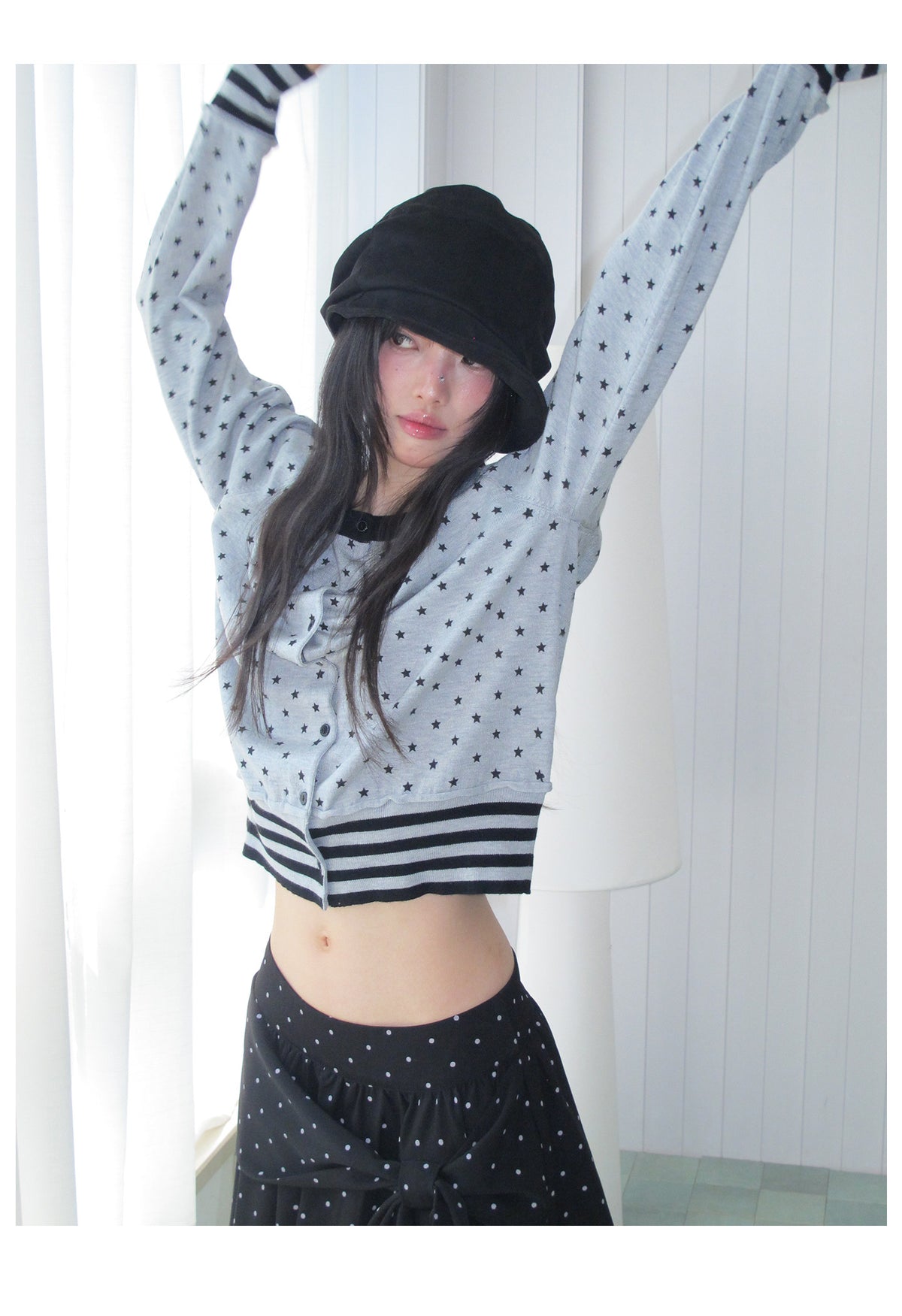 Star Print Contrast-Trim Knit Cardigan