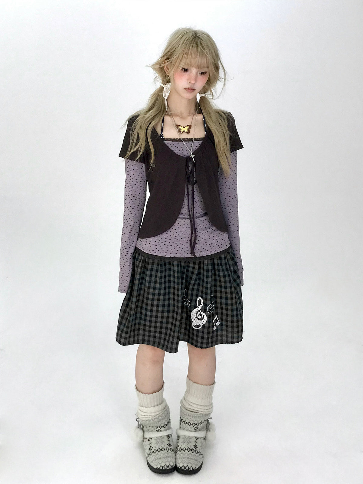 Striped Polka Dot Faux-Layered Button Long Sleeve Top