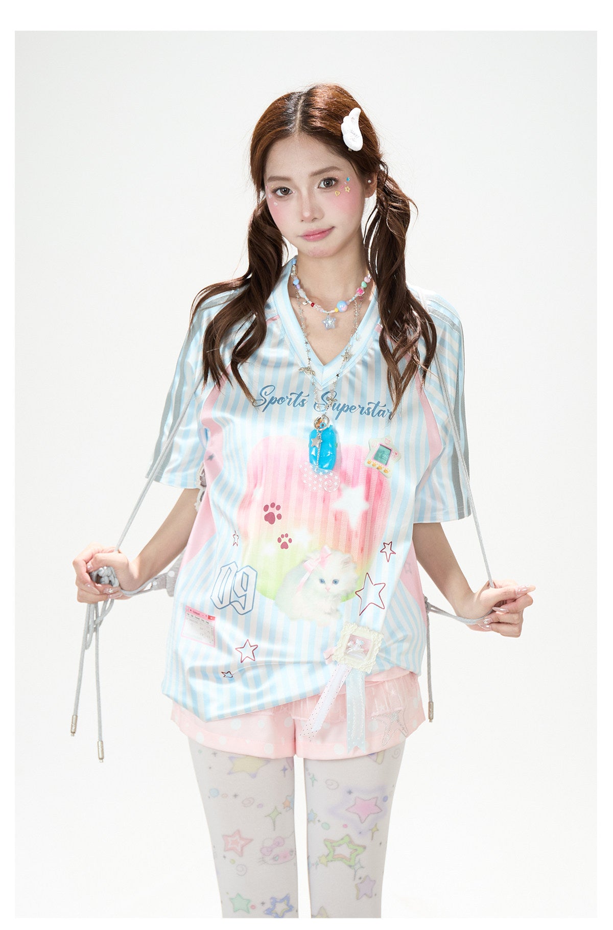 Striped Kitty Graphic V-Neck Tee & Layered Gingham Ruffle Skirt
