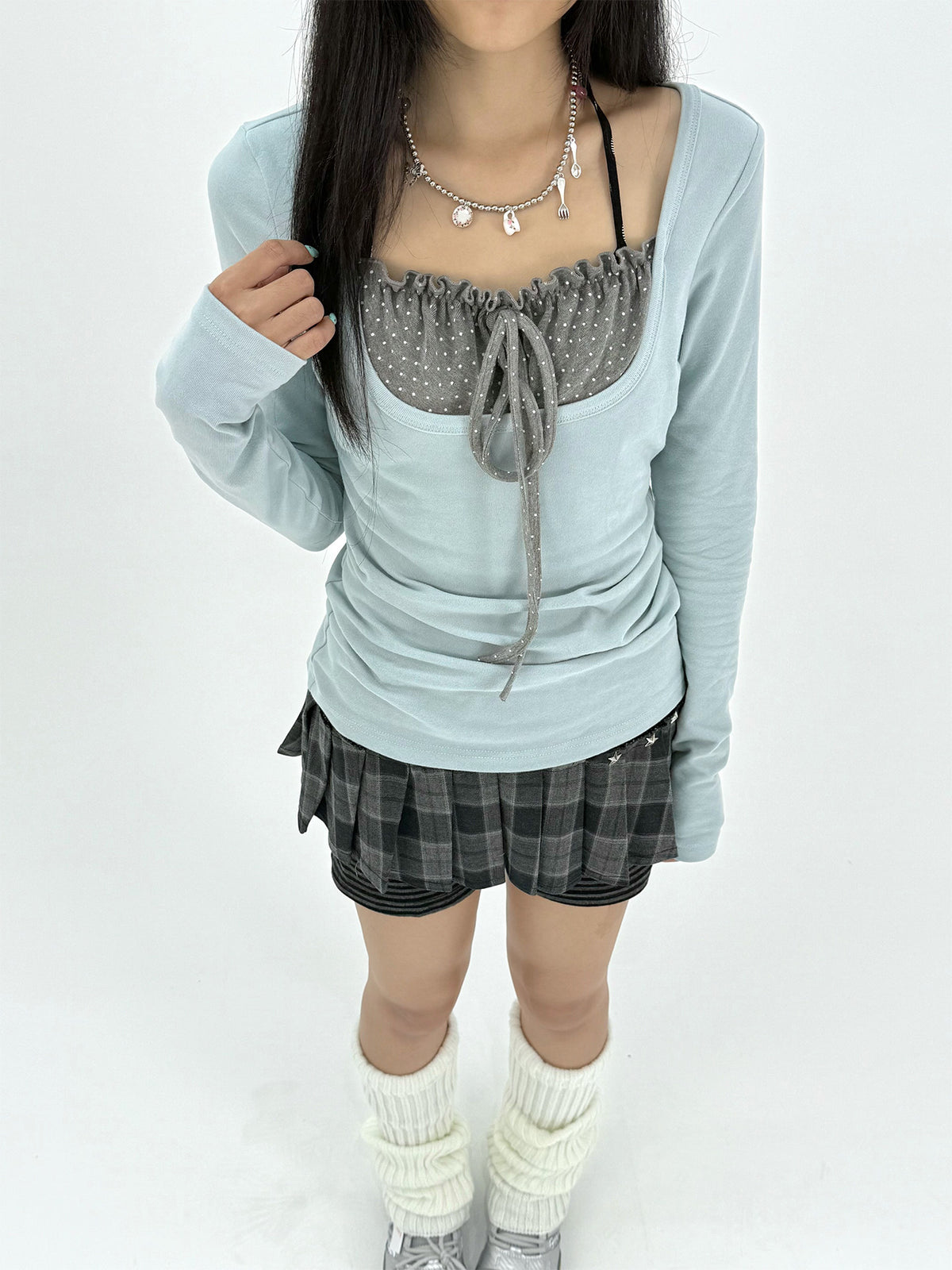 Polka Dot Tie-Front Layered Long Sleeve Top