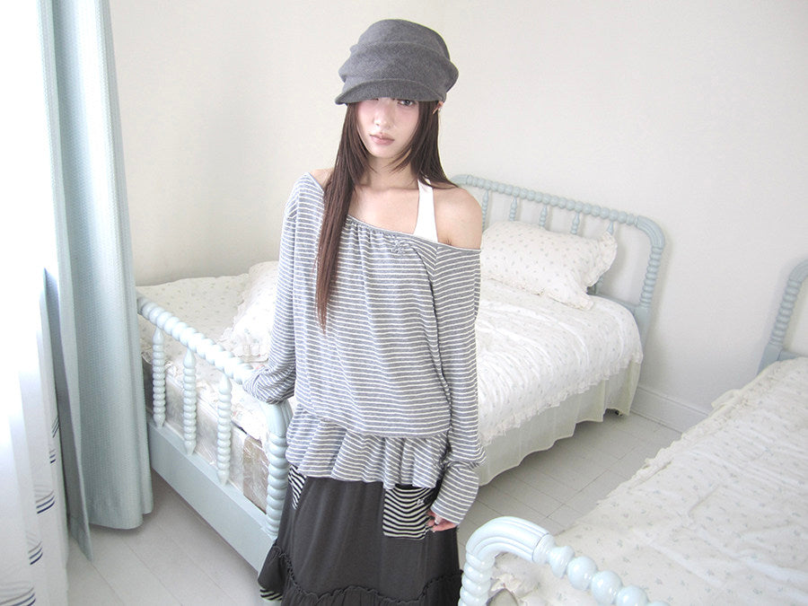 Striped Off-Shoulder Ruffle Layered Long Sleeve Top