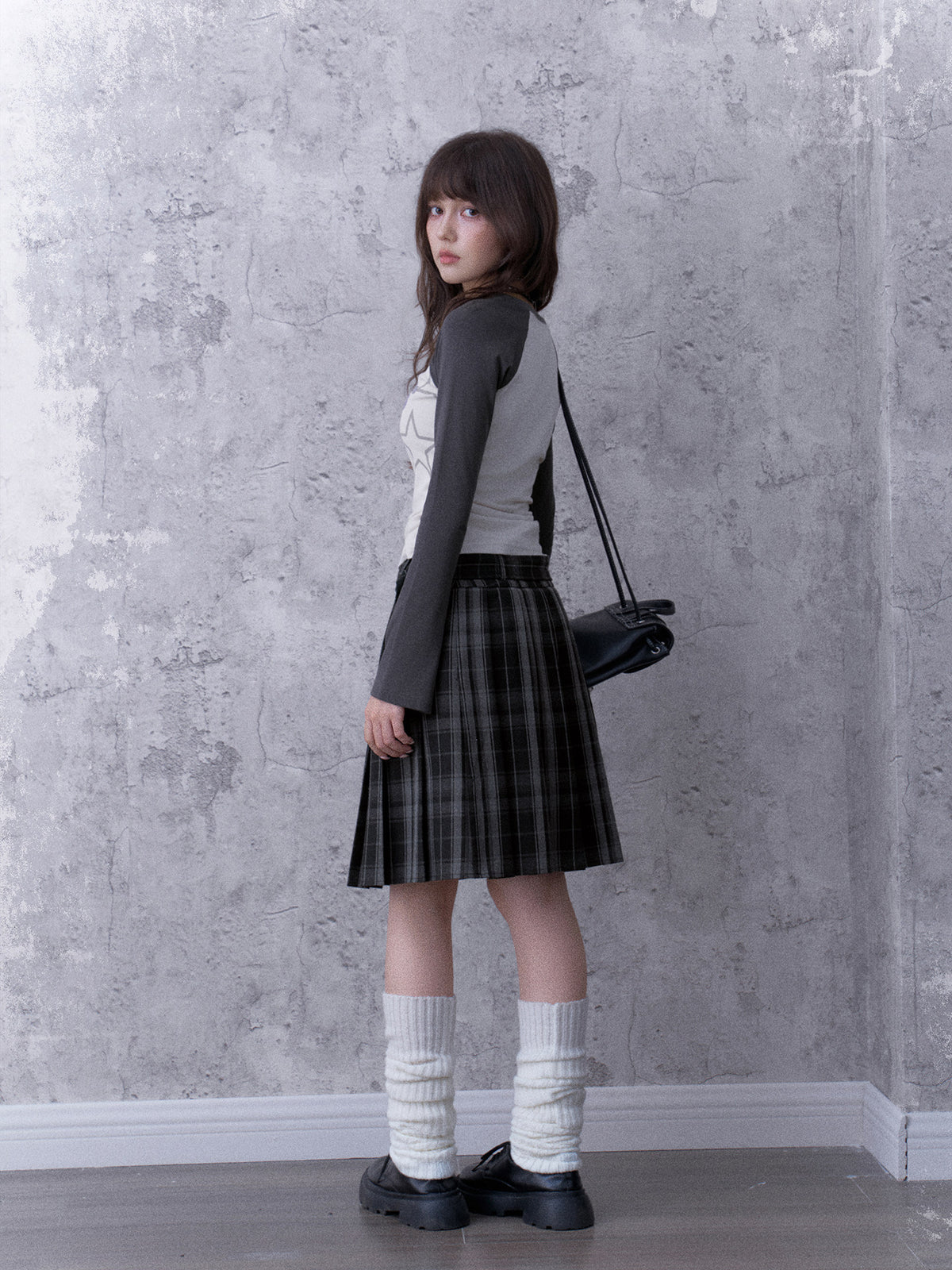 Double-Waist Graphic Plaid Pleated Midi Skirt
