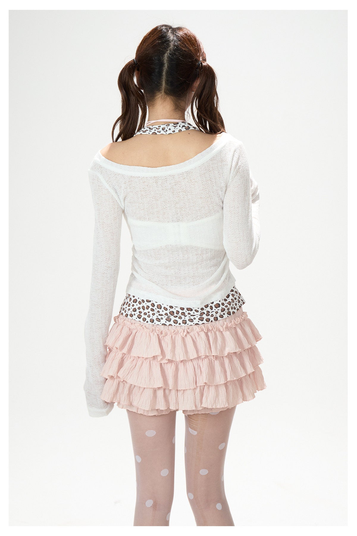 Leopard Layered Halter Long Sleeve Top & Pink Tiered Ruffle Mini Skirt