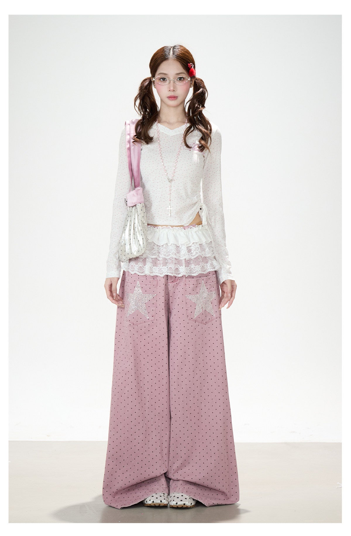 Star Rhinestone Polka Dot Wide-Leg Jeans
