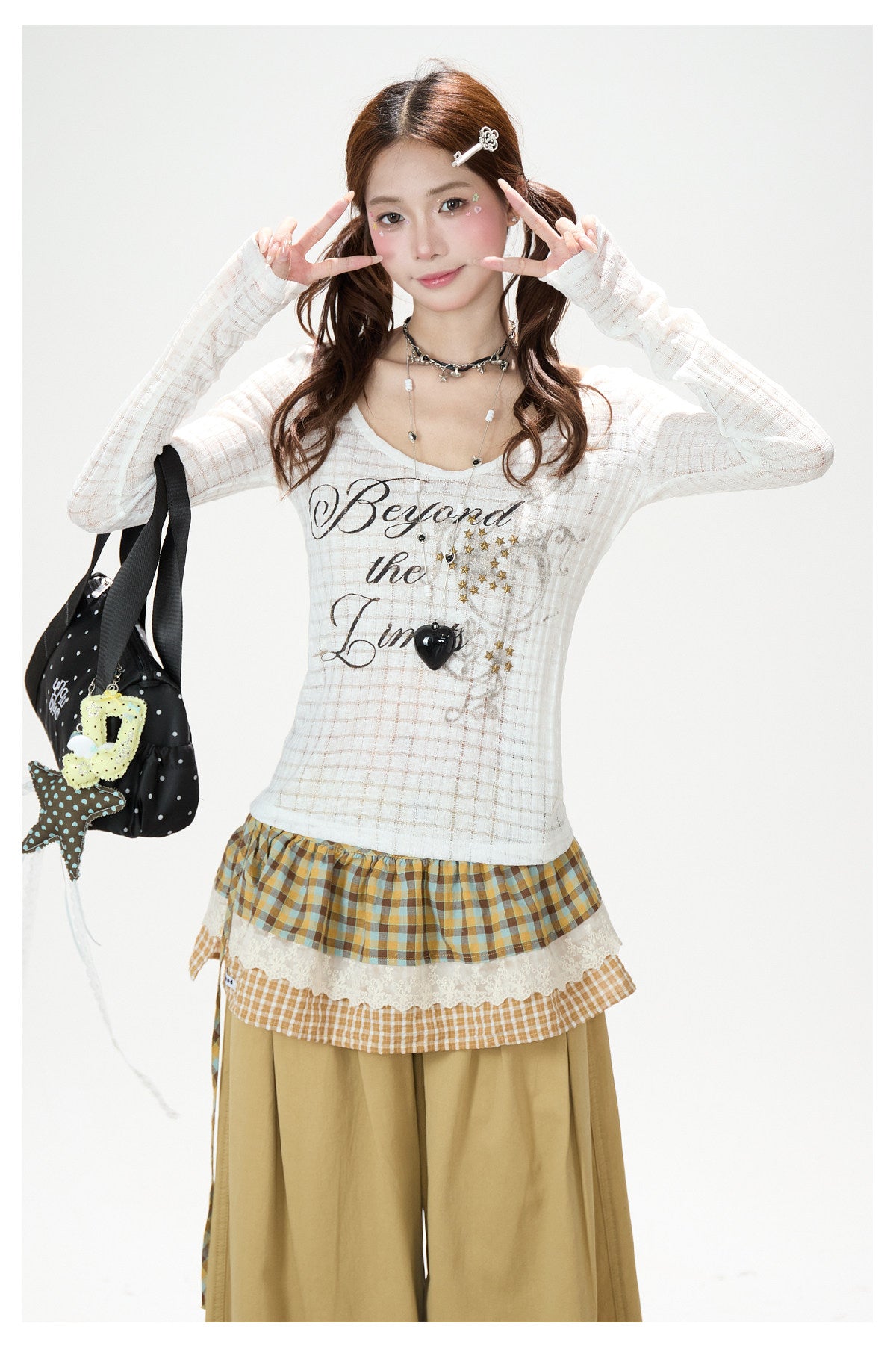 Beyond the Limits Sheer Grid Long Sleeve Top & Pony Star Wide-Leg Jeans
