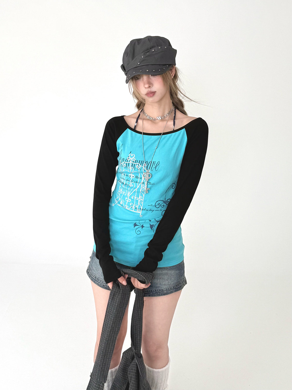 Aqua Contrast Graphic Raglan Long Sleeve Top