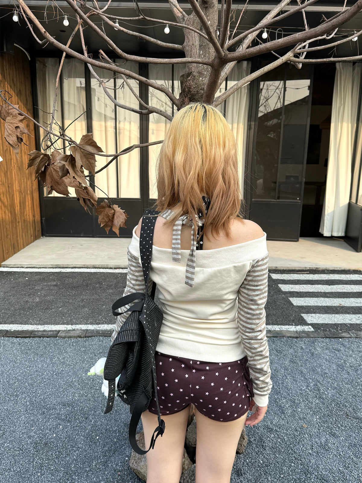 Ivory Off-Shoulder Stripe Zip-Up Long Sleeve Top