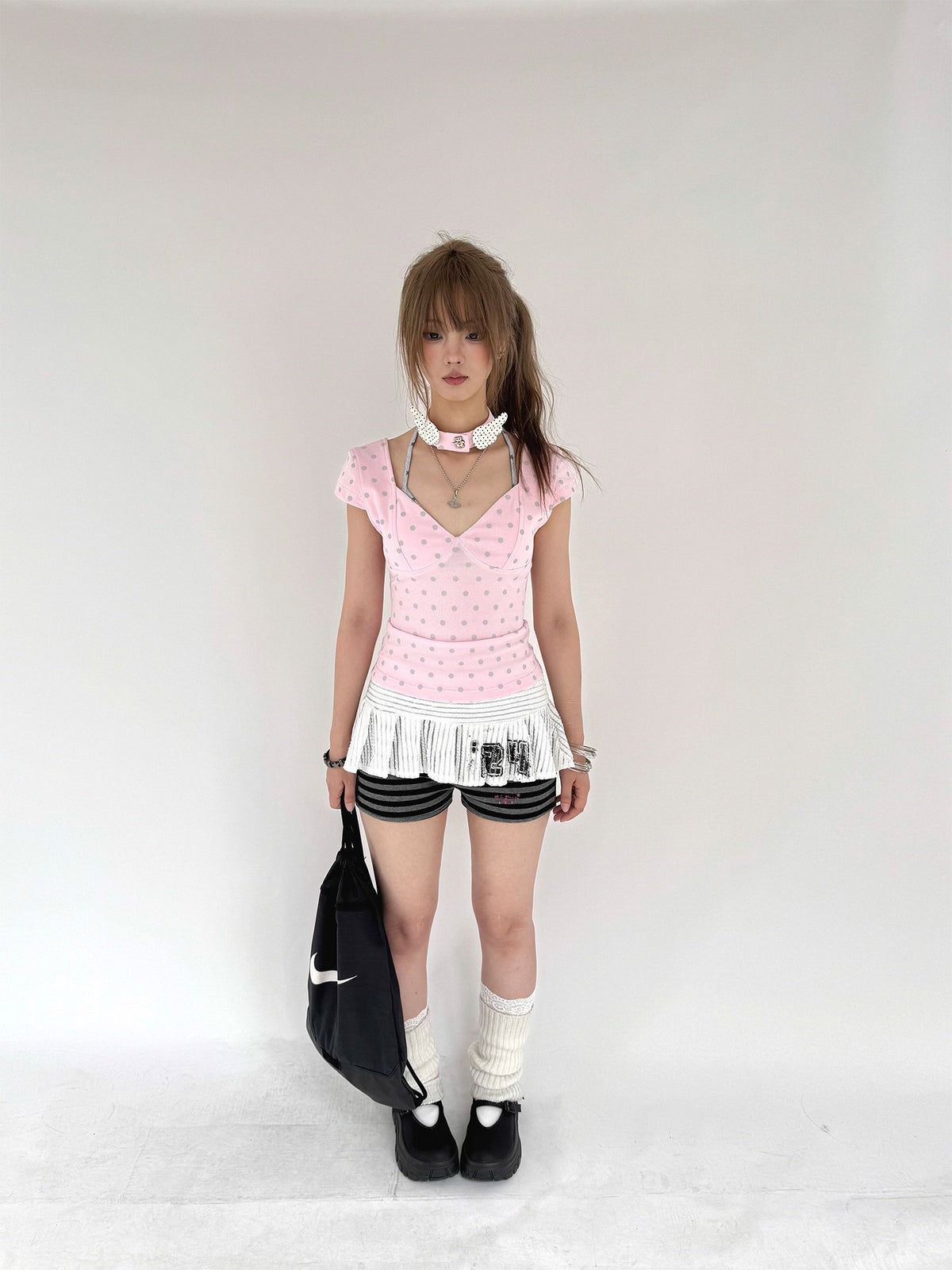 Mechanical Bear Polka Dot V-Neck Fitted Tee with Choker