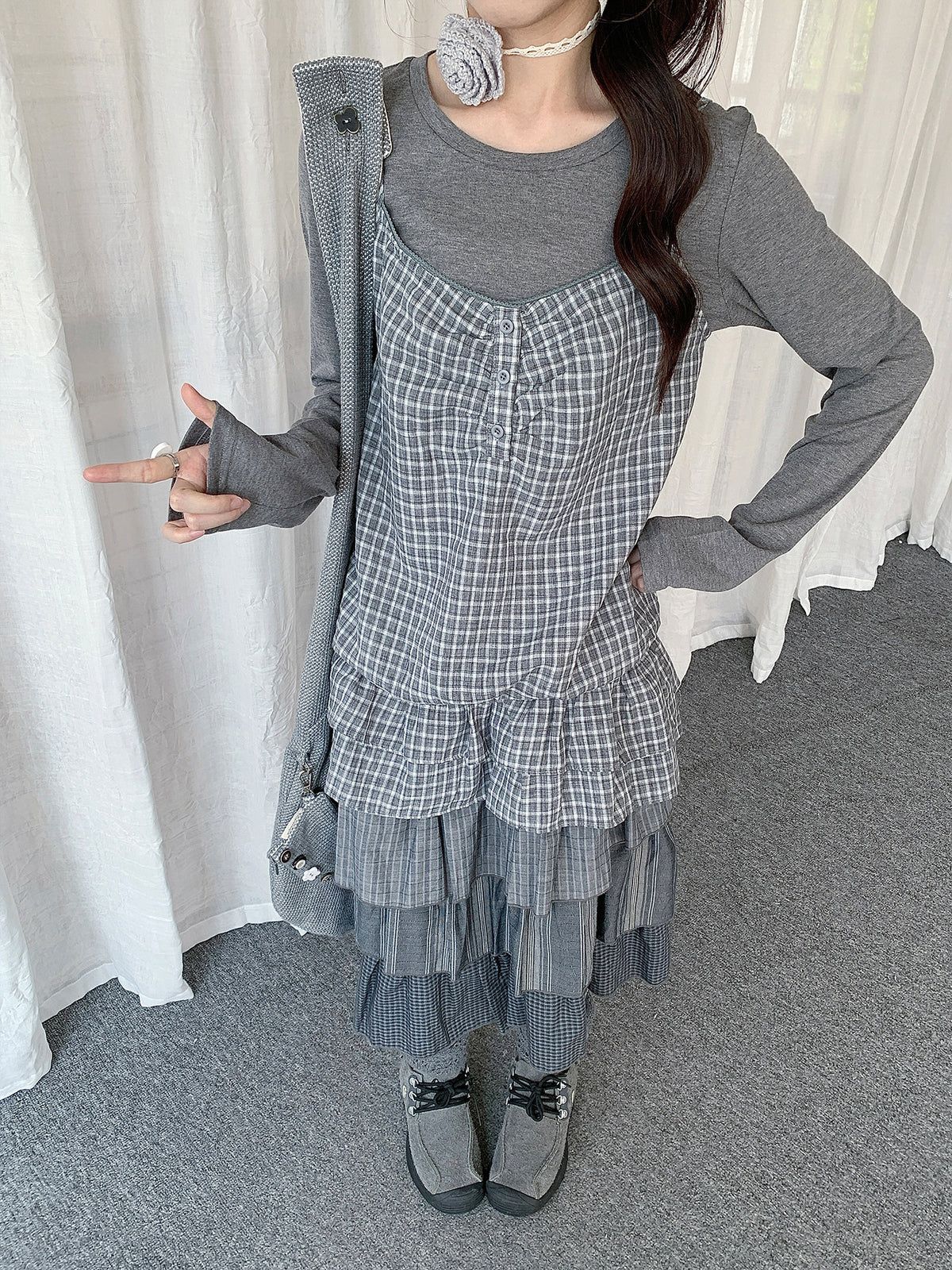 Gray Plaid Cami & Long Sleeve Layered Top Set