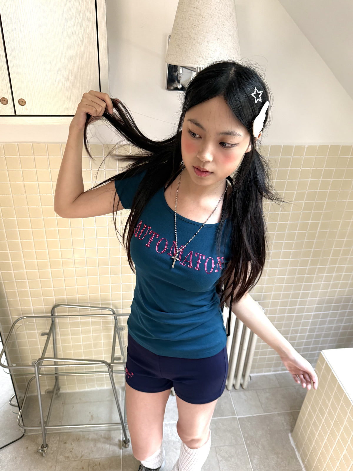 Dark Navy Rhinestone Letter Fitted Baby Tee