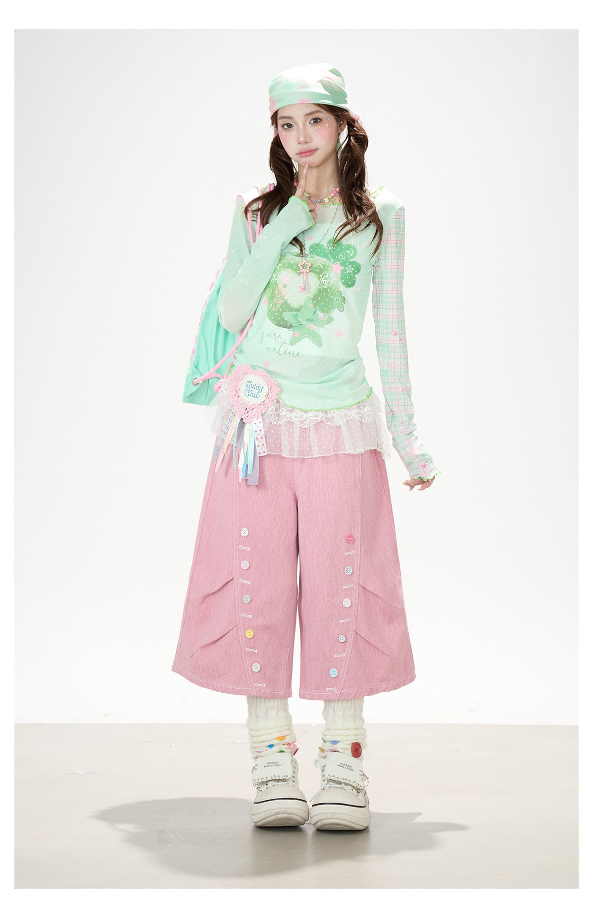 Apple Plaid Mesh Long Sleeve Top & Pink Polka Dot Wide Leg Pants