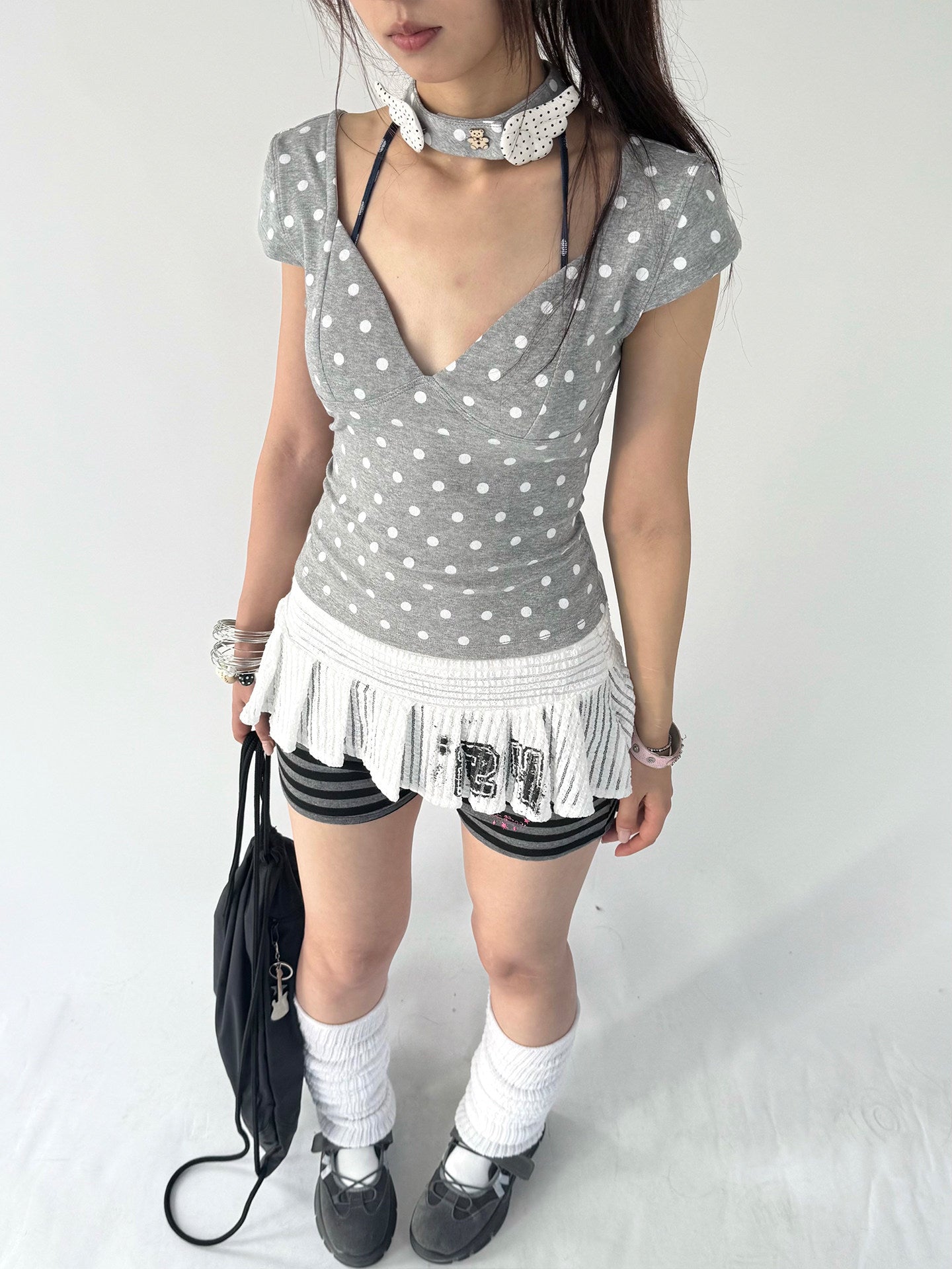 Mechanical Bear Polka Dot V-Neck Fitted Tee with Choker