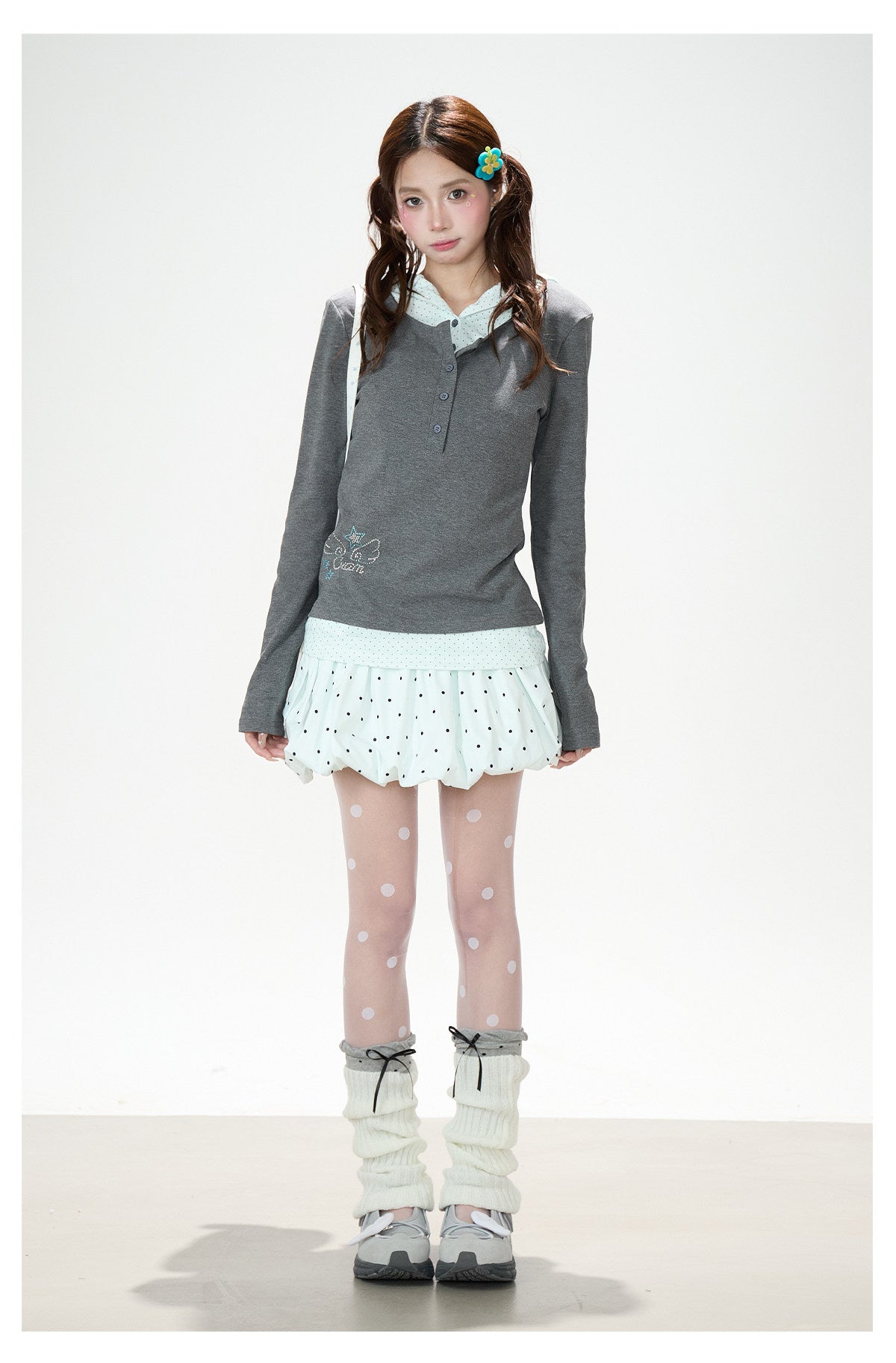 Polka Dot Layered Hooded Long Sleeve Top & Lace-Trim Bubble Mini Skirt