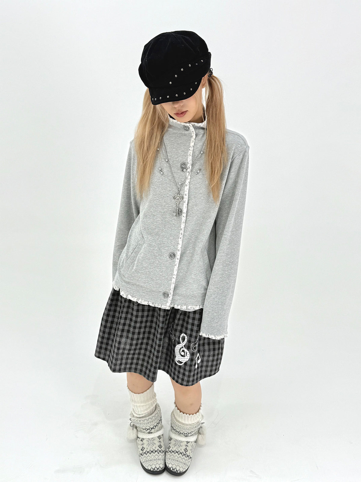 Floral-Trim Stand Collar Button Cardigan