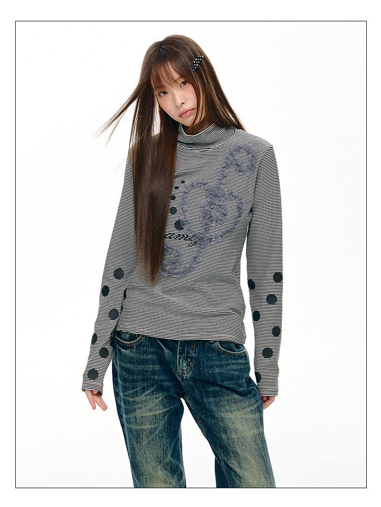 Lace Music Note Appliqué Mock Neck Long Sleeve Top
