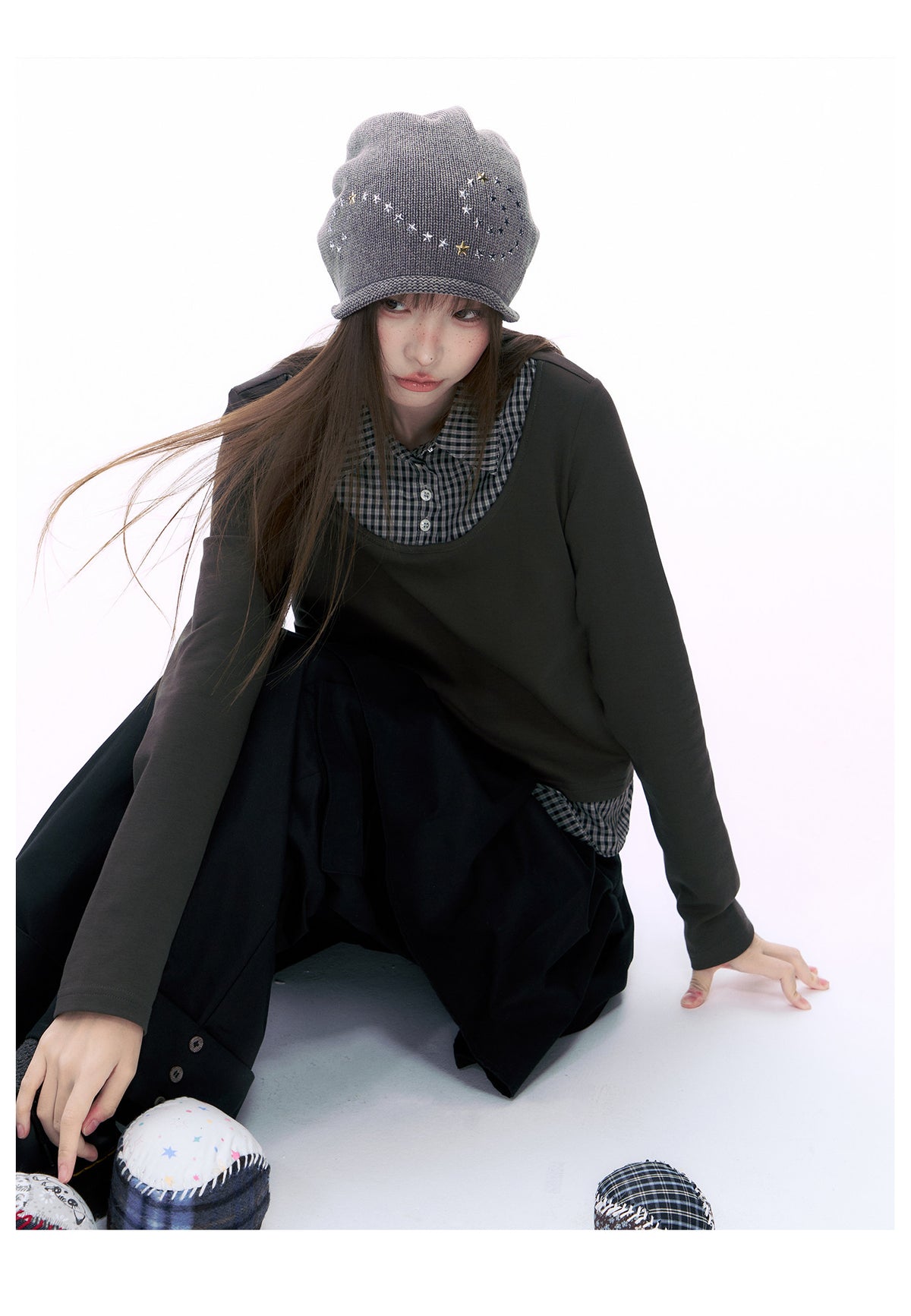 Plaid Collar Faux-Layer Long Sleeve Top