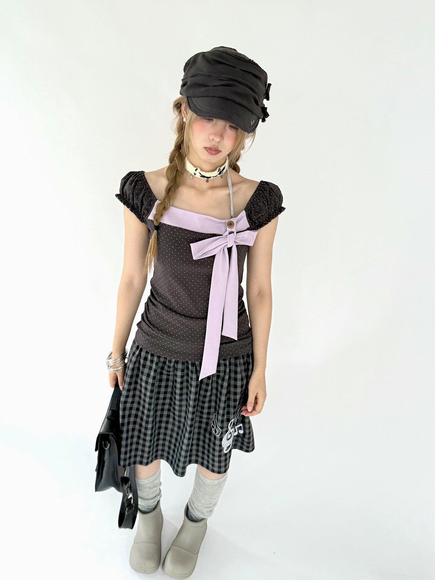 Lavender Bow Polka Dot Fitted Puff-Sleeve Top